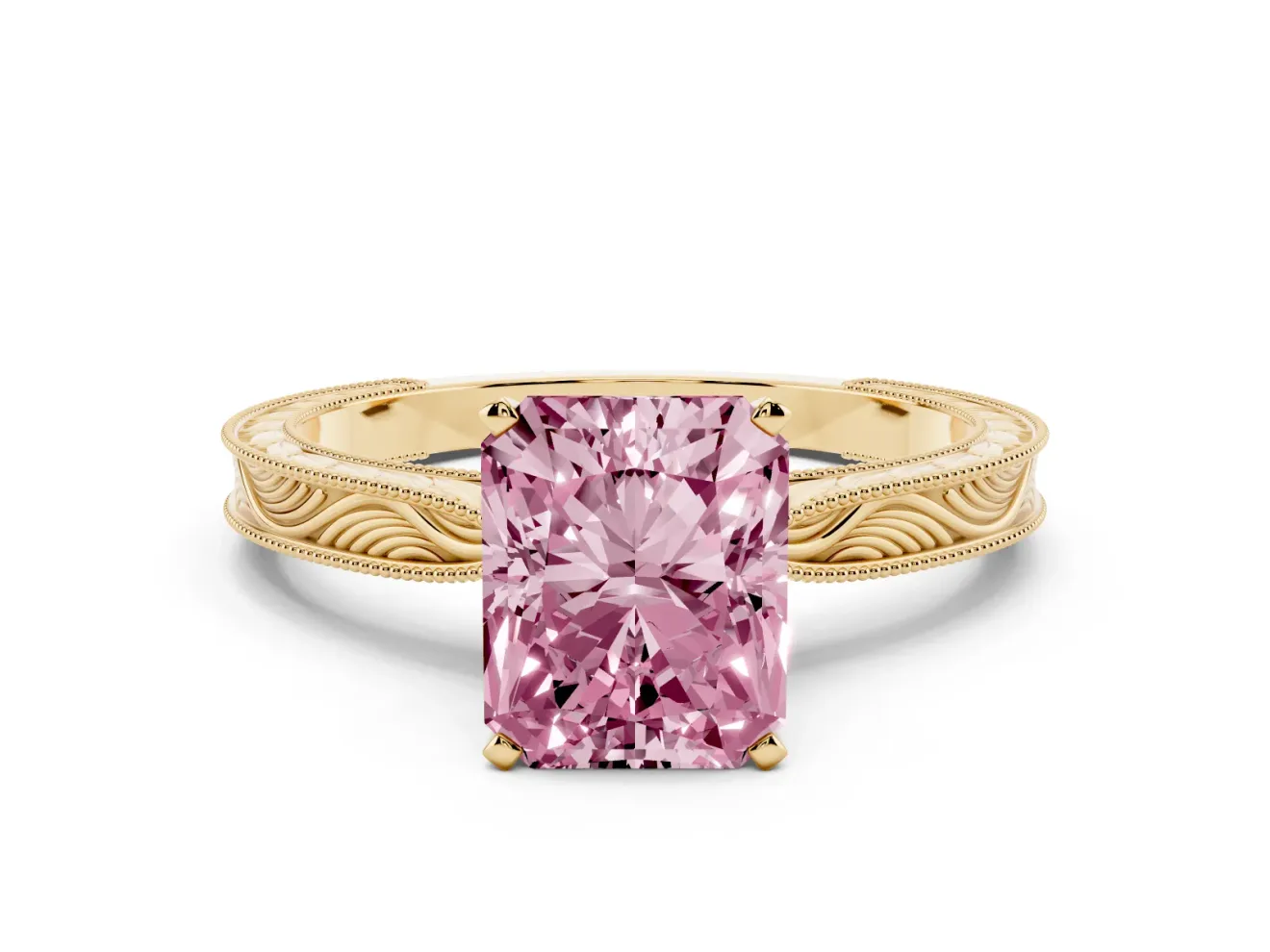 Radiant Cut Engraved Engagement Ring Setting for a Fancy Pink Lab-Grown Diamond | Yellow Gold