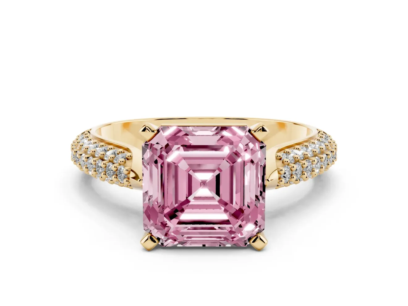 Fancy Pink Asscher Cut Diamond Solitaire Engagement Ring Set in Yellow gold with Multi-Row Round Pavé Band and Prong Setting