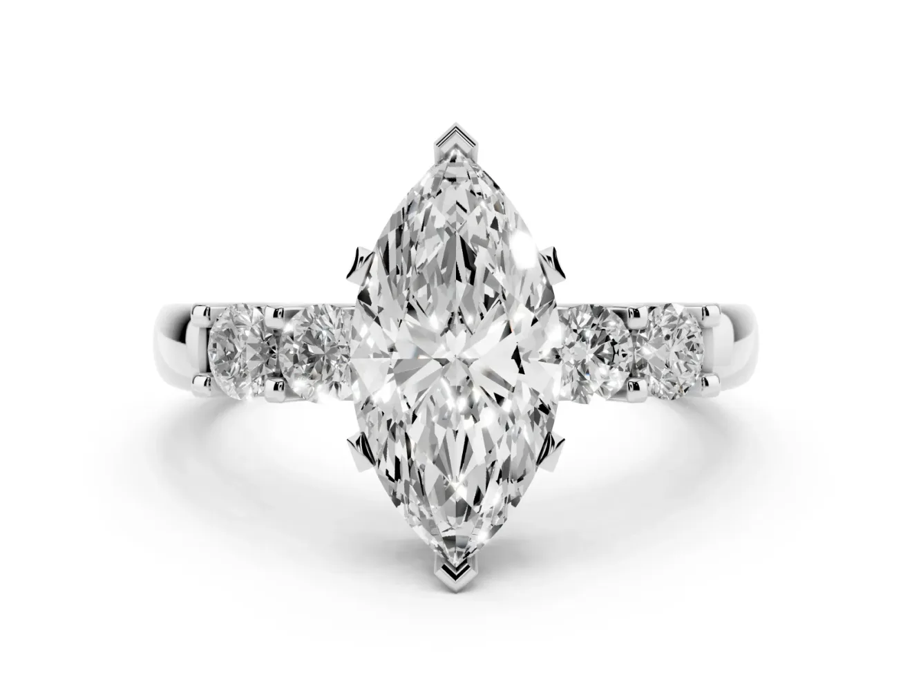 Marquise Cut Diamond Five-Stone Prong Set Engagement Ring Set in White gold with Channel Band