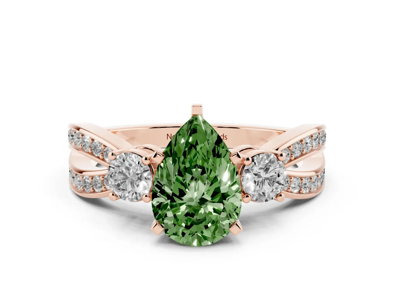 Fancy Green Three-Stone Pear Cut Diamond Twist Band Ring Set in Rose gold with Pavé Accents and Prong Setting