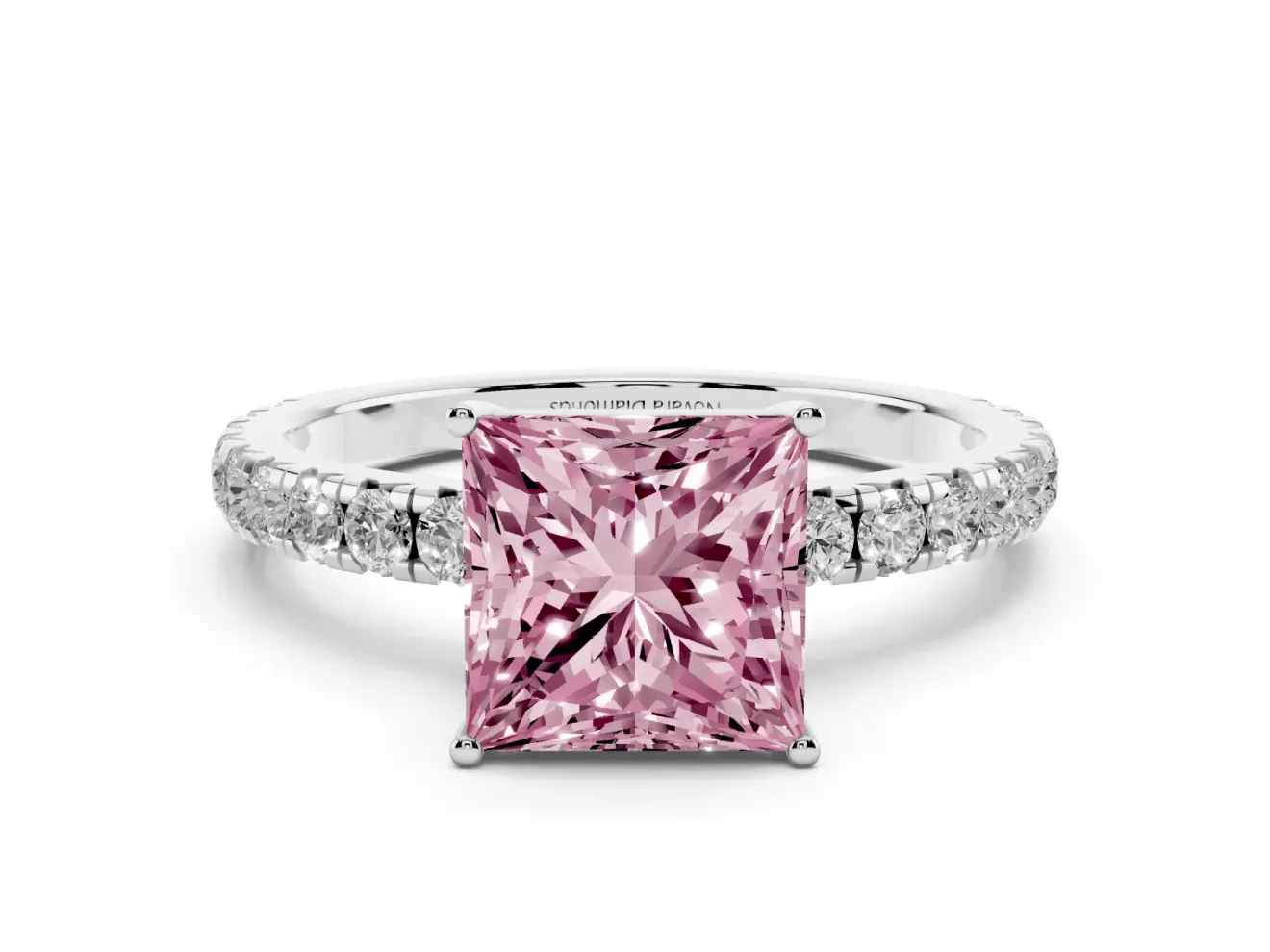 Princess Cut Pave Engagement Ring Setting for a Fancy Pink Lab-Grown Diamond | Shared Prong Band | Platinum