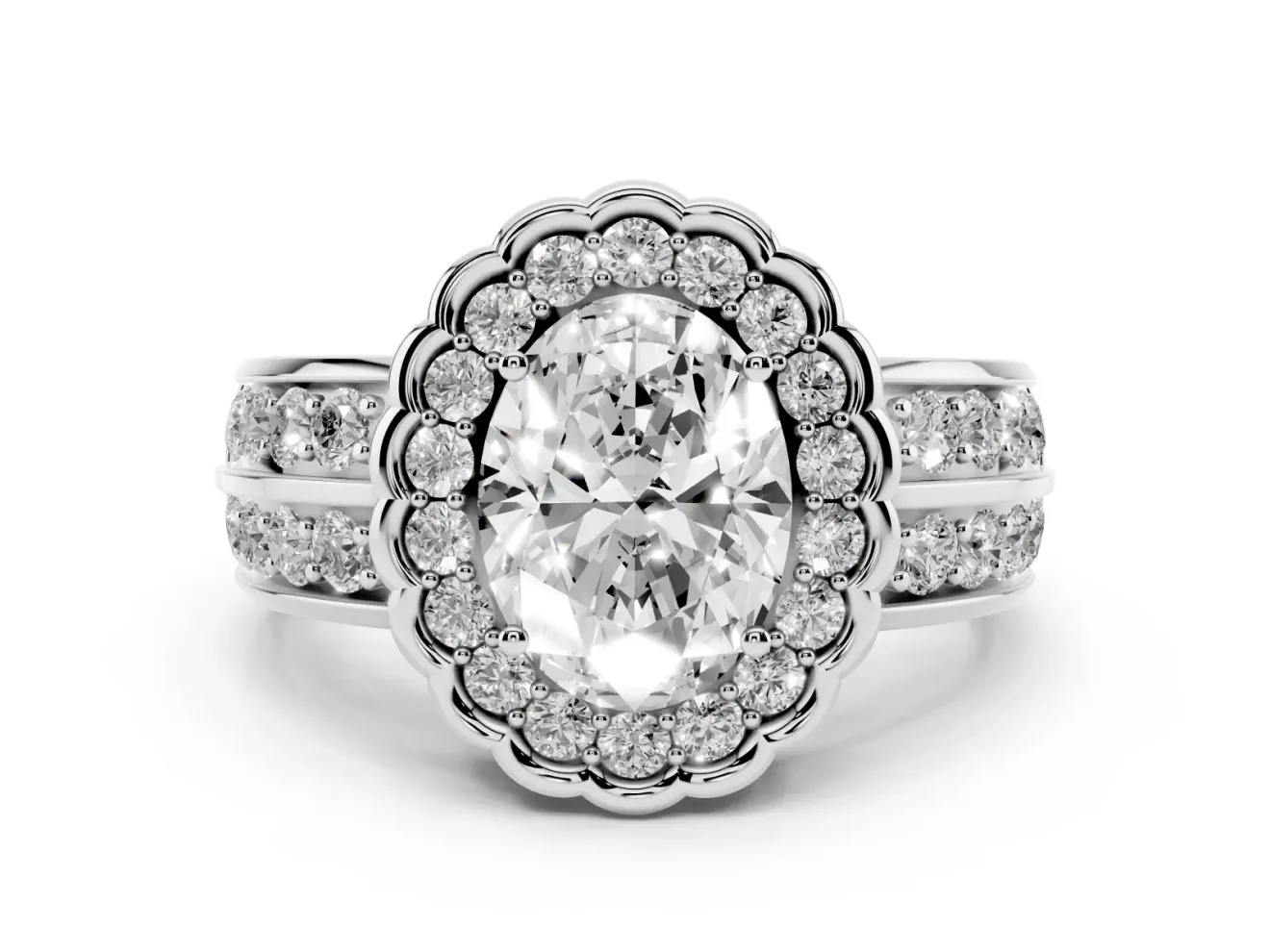 Oval Scalloped Halo Engagement Ring Setting | Double Row Band | Sterling Silver