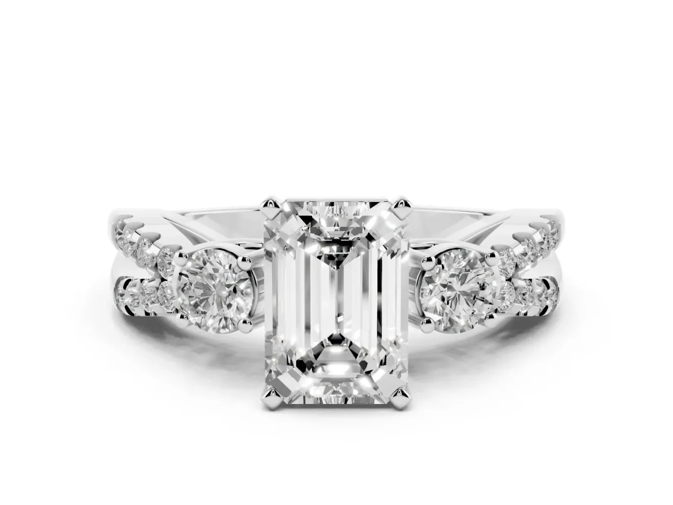 Emerald Cut Three Stone Engagement Ring Setting | Pavé Split Shank | Sterling Silver