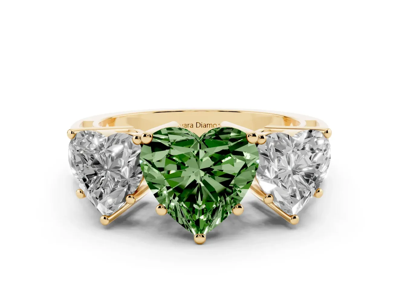 Heart-Shaped Three Stone Engagement Ring Setting for a Fancy Green Lab-Grown Diamond | Beaded Shoulders | Yellow Gold