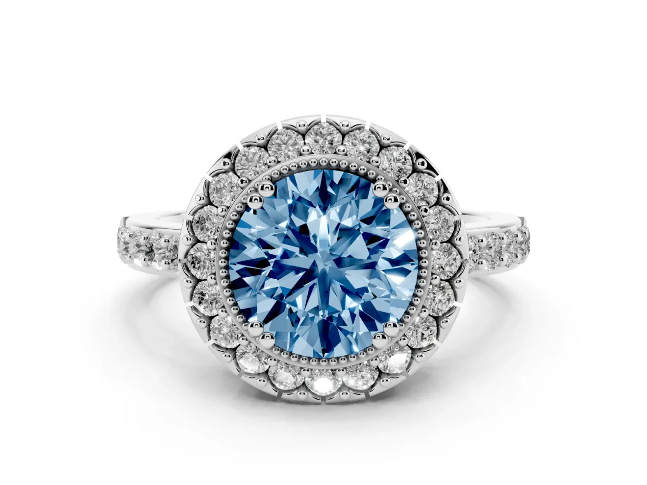 Round Vintage Milgrain Halo Engagement Ring Setting for a Fancy Blue Lab-Grown Diamond | Pierced Gallery | White Gold