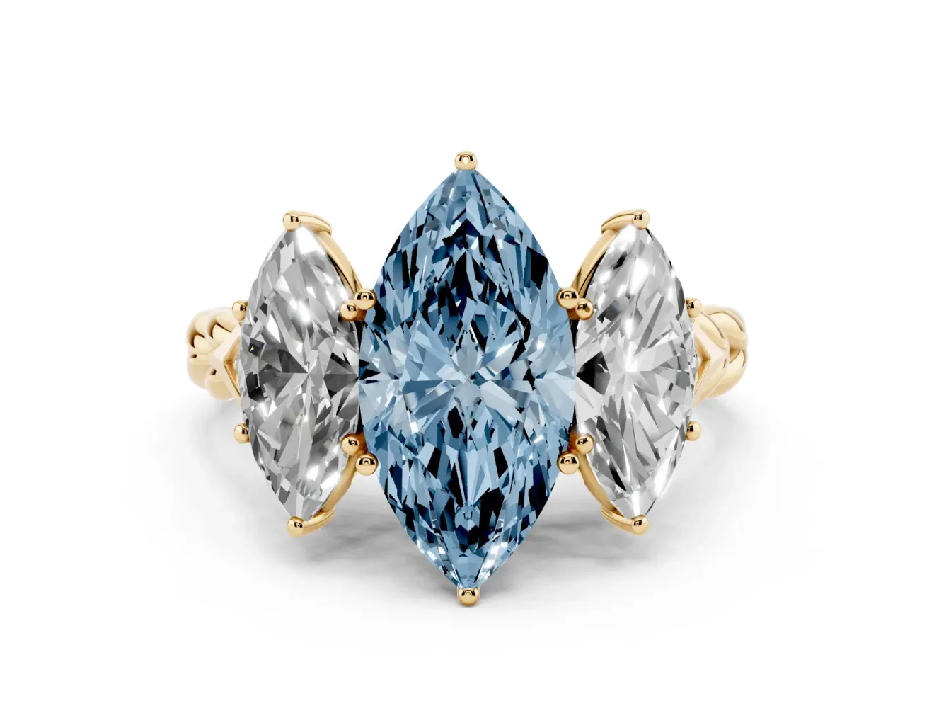 Marquise Three Stone Engagement Ring Setting for a Fancy Blue Lab-Grown Diamond | Braided Band | Yellow Gold