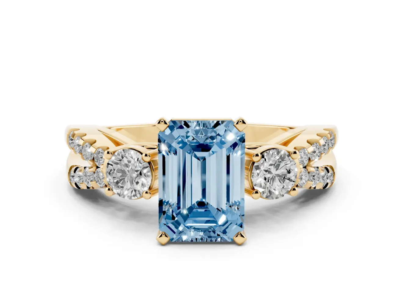 Emerald Cut Three Stone Engagement Ring Setting for a Fancy Blue Lab-Grown Diamond | Yellow Gold