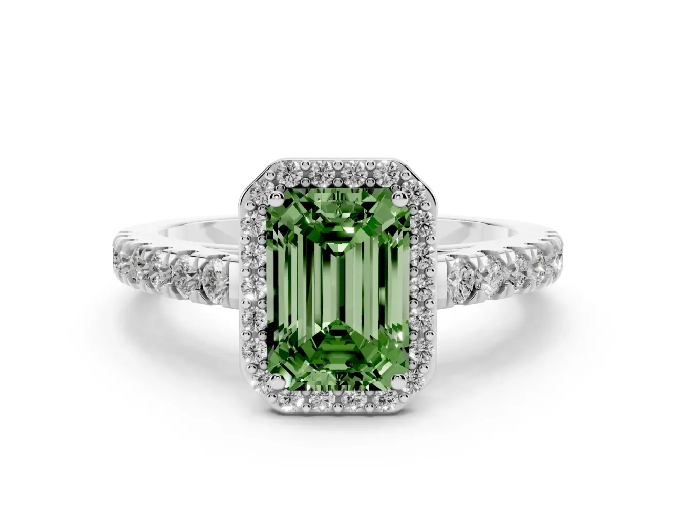 Fancy Green Emerald Cut Diamond Halo Engagement Ring Set in White gold with Pavé Band and Prong Setting