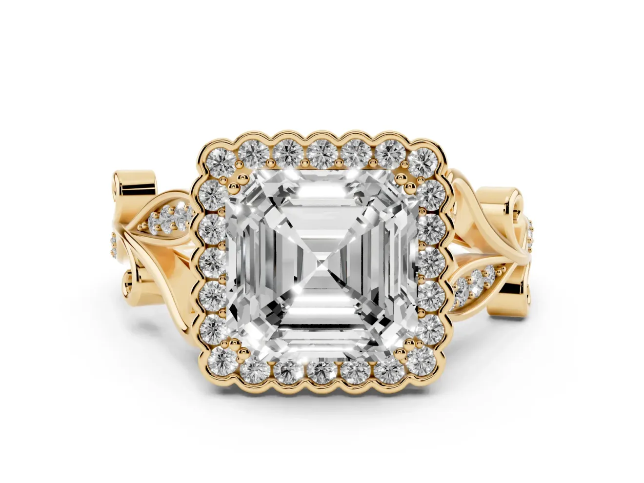 Asscher Cut Vintage Leaf Halo Engagement Ring Setting | Graduated Vine Shank | Yellow Gold