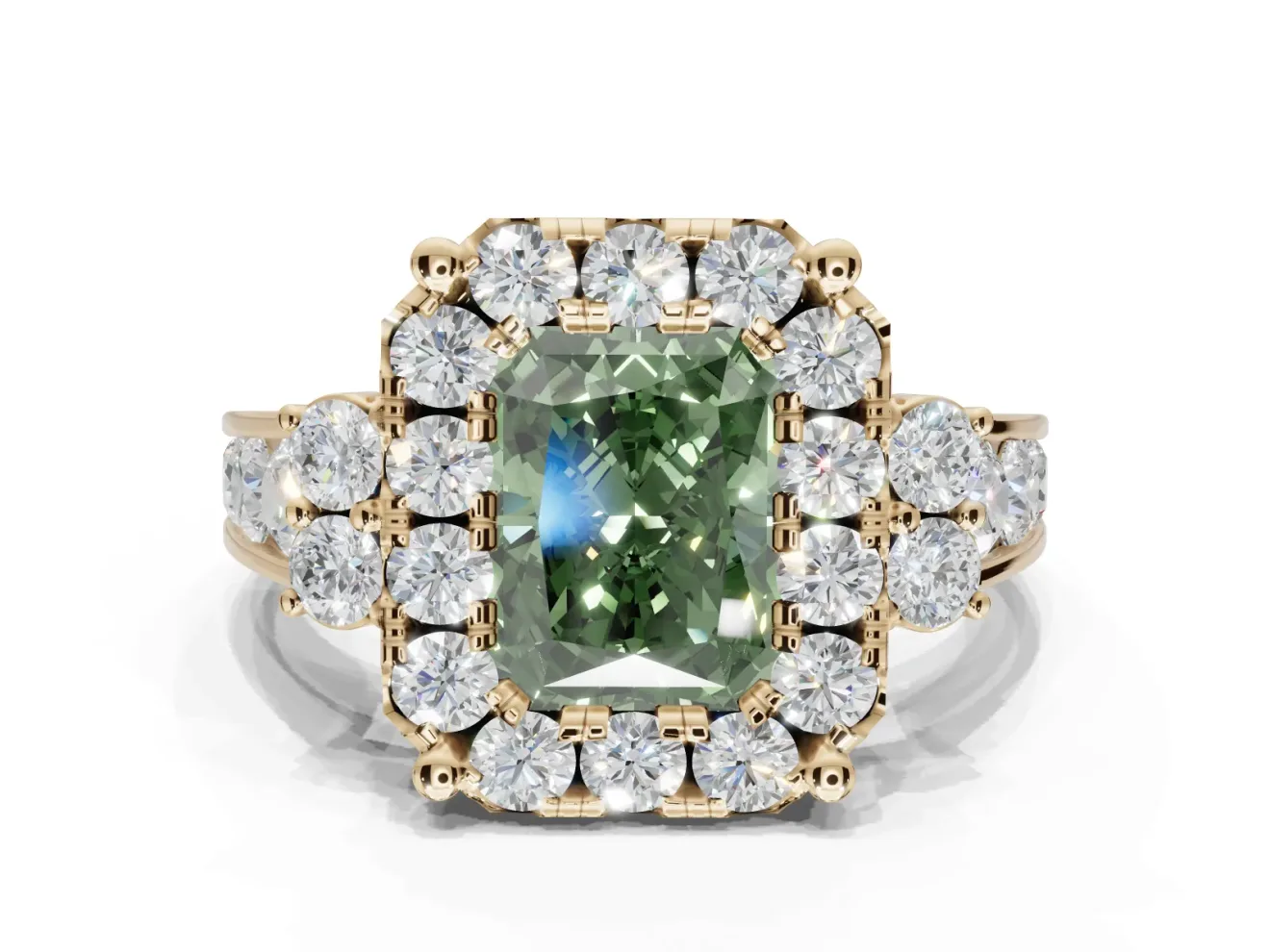 Radiant Cut Halo Engagement Ring Setting for a Fancy Green Lab-Grown Diamond | Graduated Channel Band | Yellow Gold