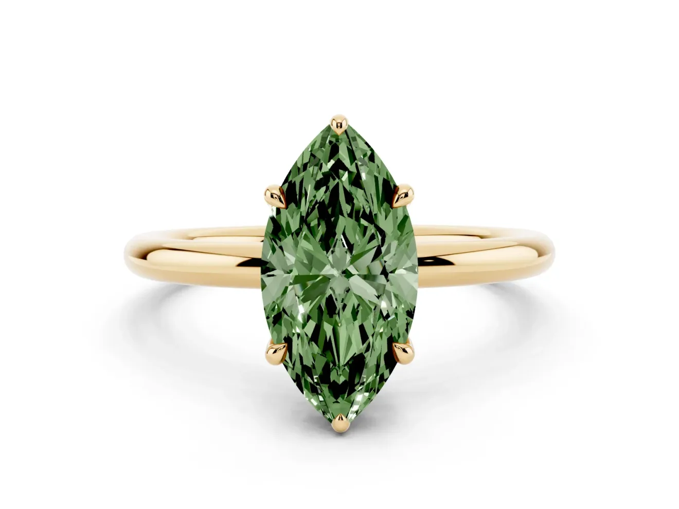 Fancy Green Marquise Cut Diamond Solitaire Ring Set in Yellow gold with Thin Band and Prong Setting