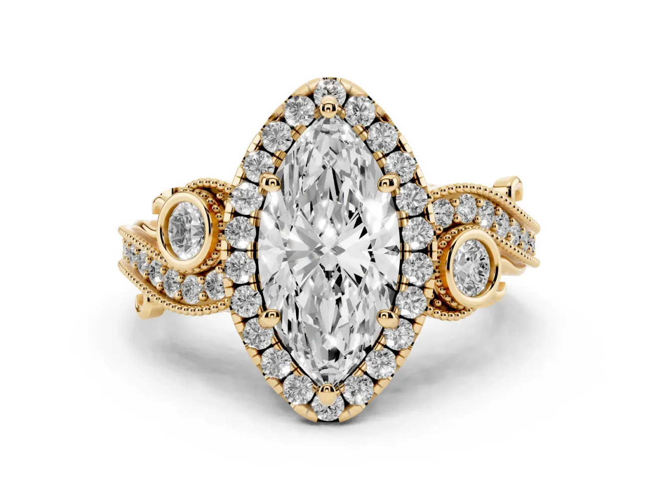 Marquise Cut Diamond Halo Ring Set in Yellow gold with Milgrain Pavé Band and Prong Setting