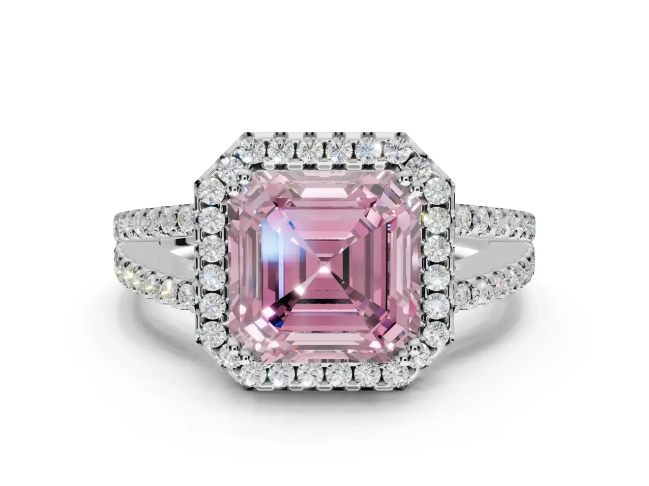 Asscher Cut Halo Split Shank Engagement Ring Setting for a Fancy Pink Lab-Grown Diamond | Pavé Shoulders | Platinum