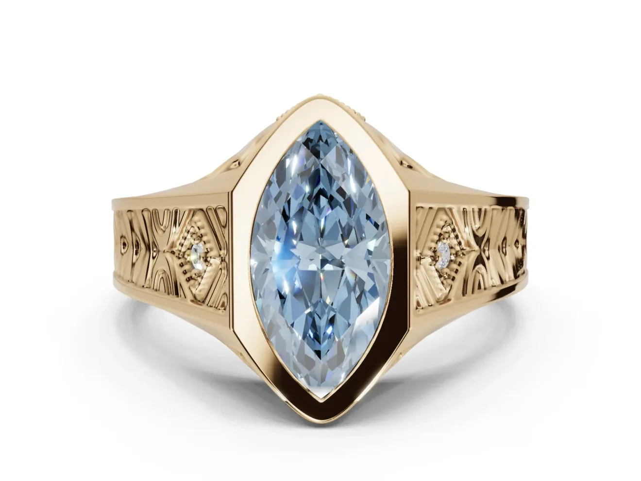 Marquise Vintage Bezel Engagement Ring Setting for a Fancy Blue Lab-Grown Diamond | Engraved Band | Yellow Gold