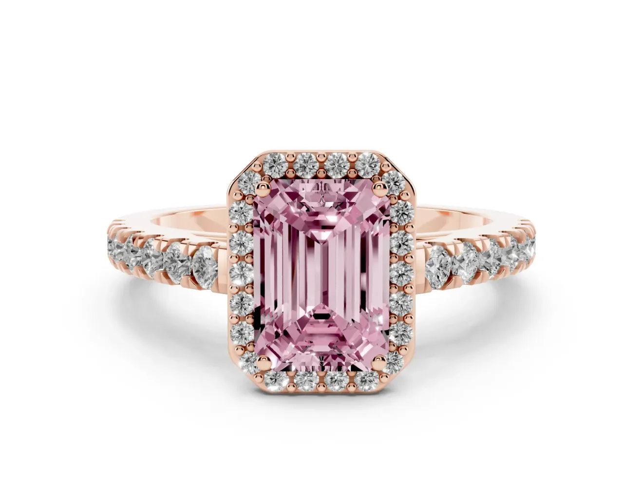 Fancy Pink Emerald Cut Diamond Halo Engagement Ring Set in Rose gold with Pavé Band and Prong Setting