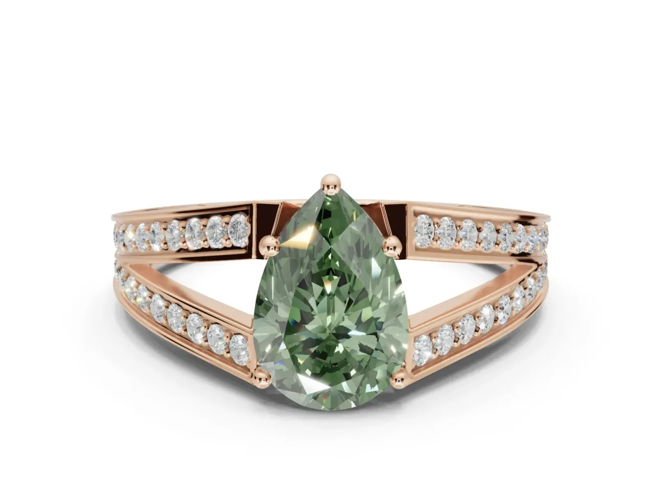 Pear-Shaped Split Shank Pavé Engagement Ring Setting for a Fancy Green Lab-Grown Diamond | Rose Gold