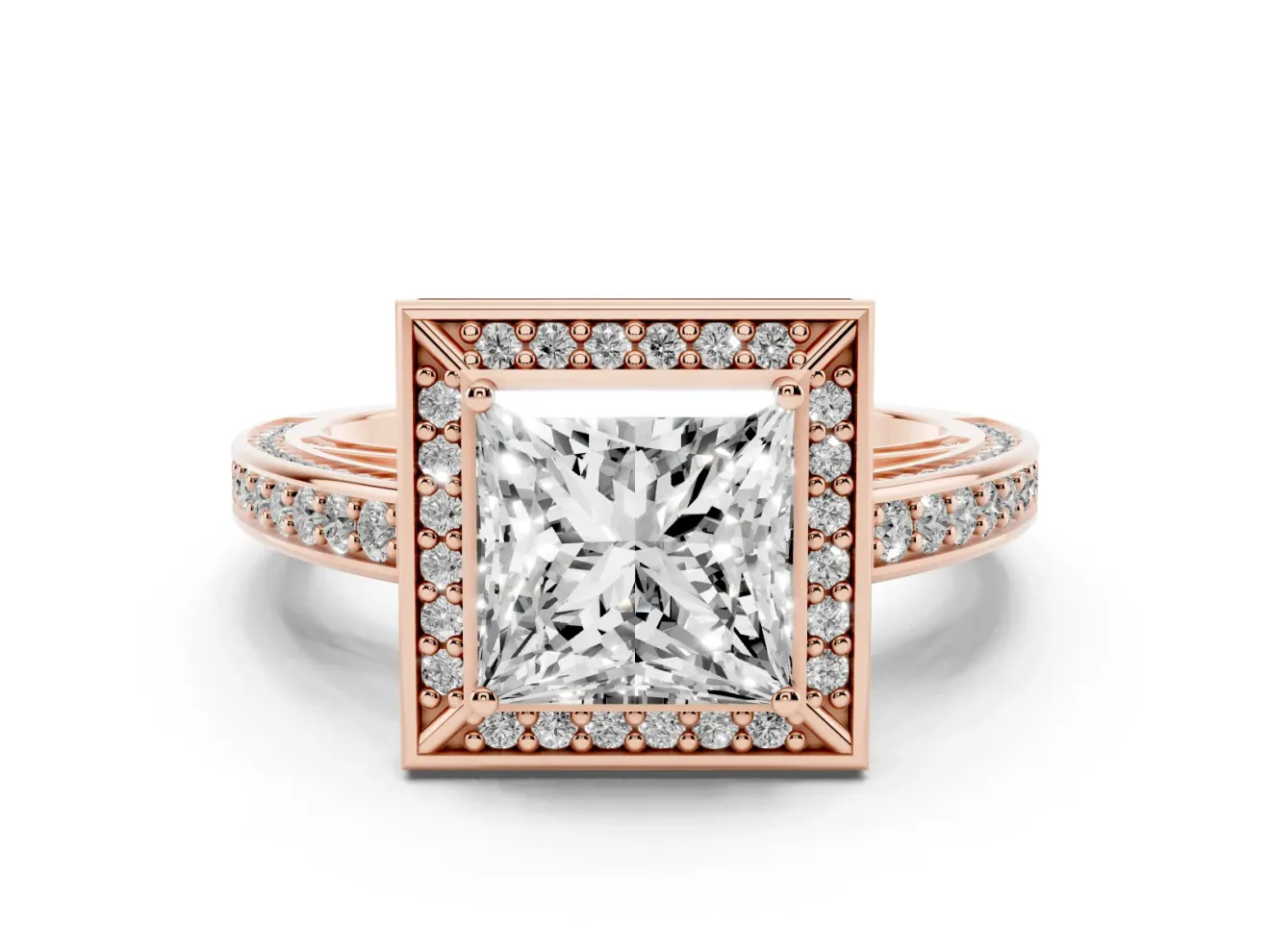 Princess Cut Sectioned Halo Engagement Ring Setting | Pavé Gallery and Band | Rose Gold