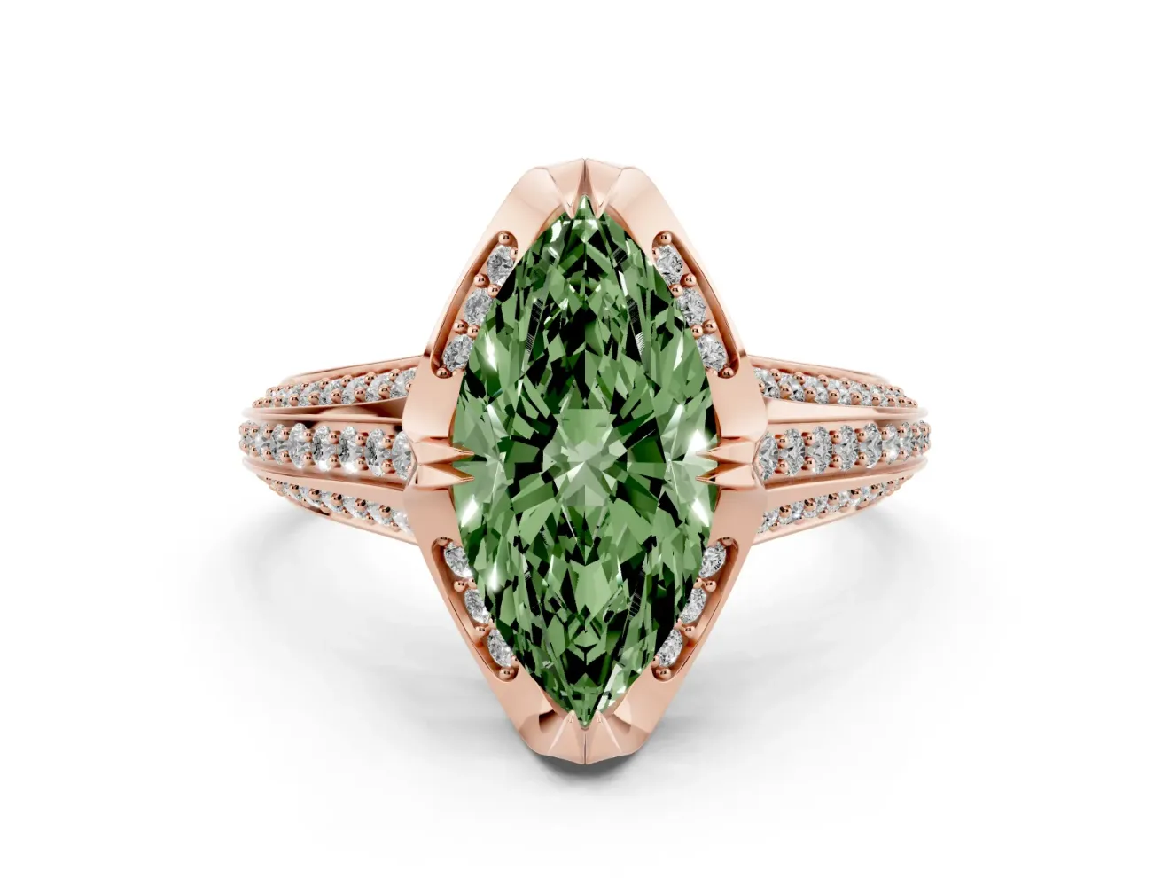 Fancy Green Marquise Cut Diamond Pavé Split Shank Solitaire Ring Set in Rose gold with Prong Setting