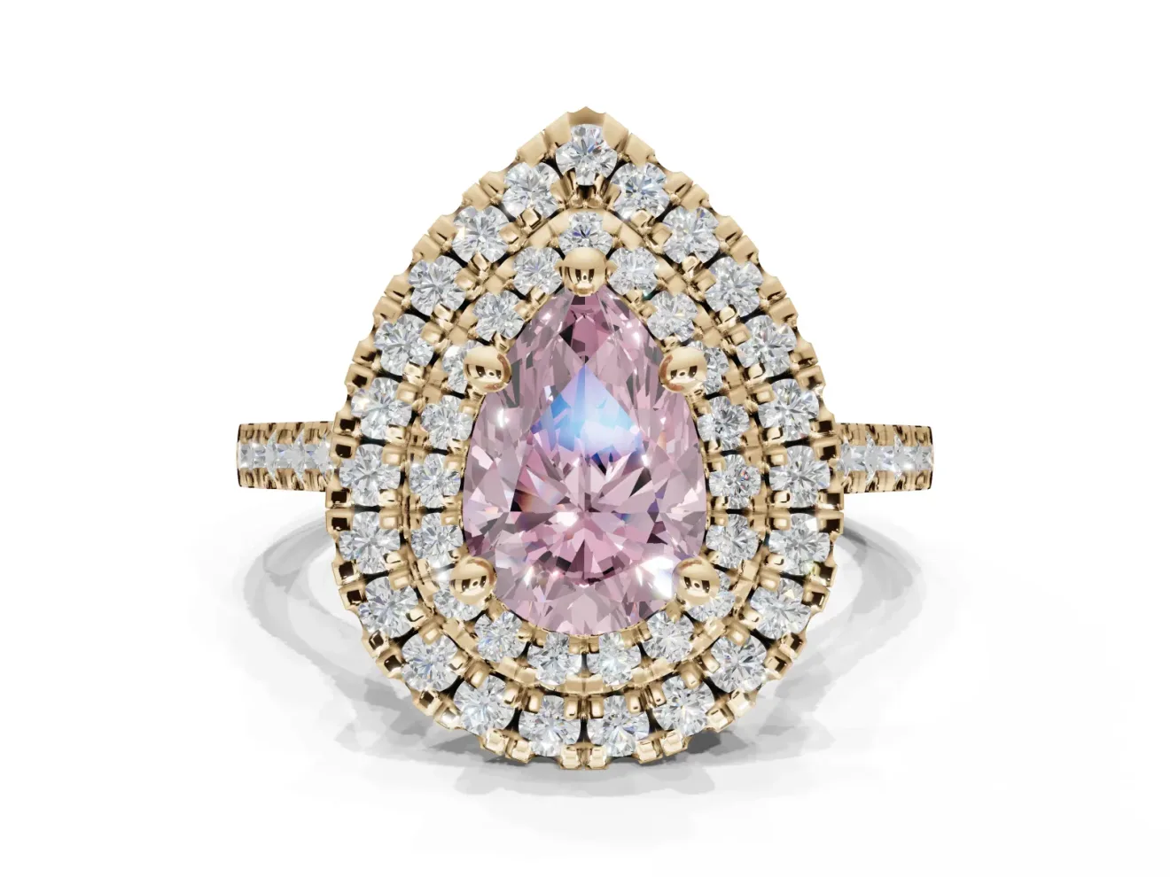 Pear-Shaped Double Halo Engagement Ring Setting for a Fancy Pink Lab-Grown Diamond | Yellow Gold