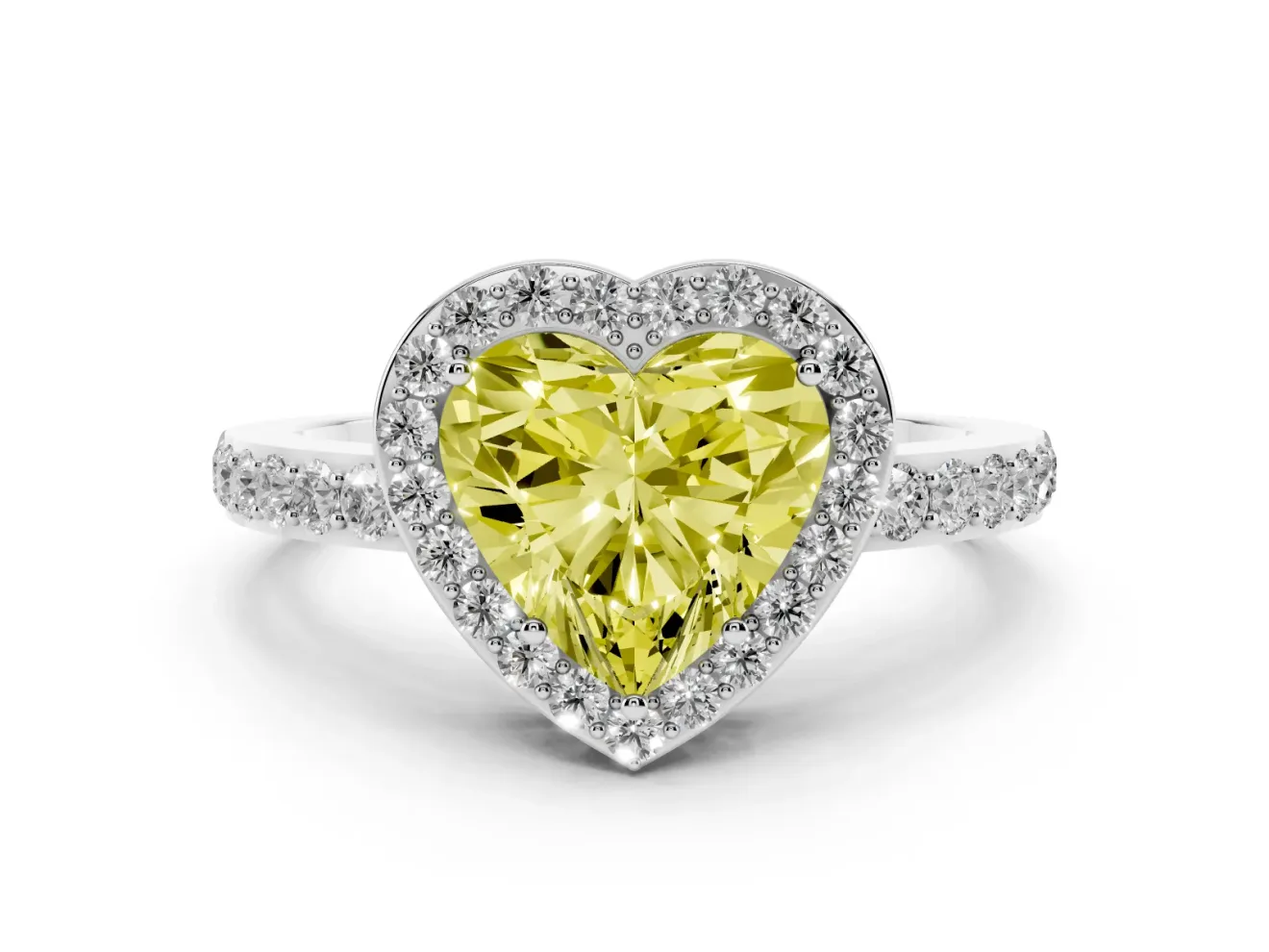 Fancy Yellow Heart Cut Diamond Halo Ring Set in Platinum with Pavé-Setting Band and Open Prong Center