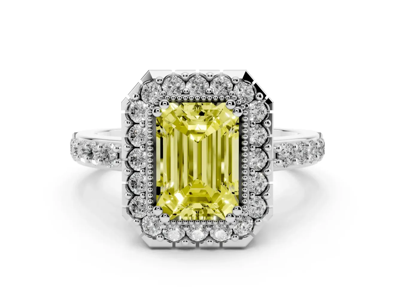 Emerald Cut Milgrain Halo Engagement Ring Setting for a Fancy Yellow Lab-Grown Diamond | Pavé Shoulders | White Gold