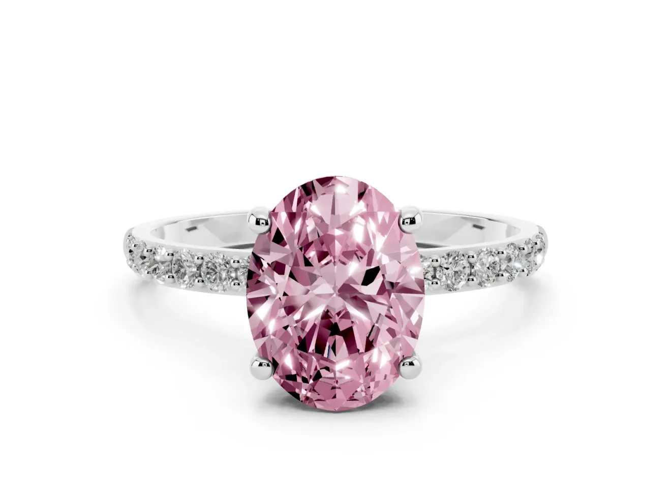 Fancy Pink Oval Cut Diamond Solitaire Ring Set in White gold with Round Pavé Band and Prong Setting