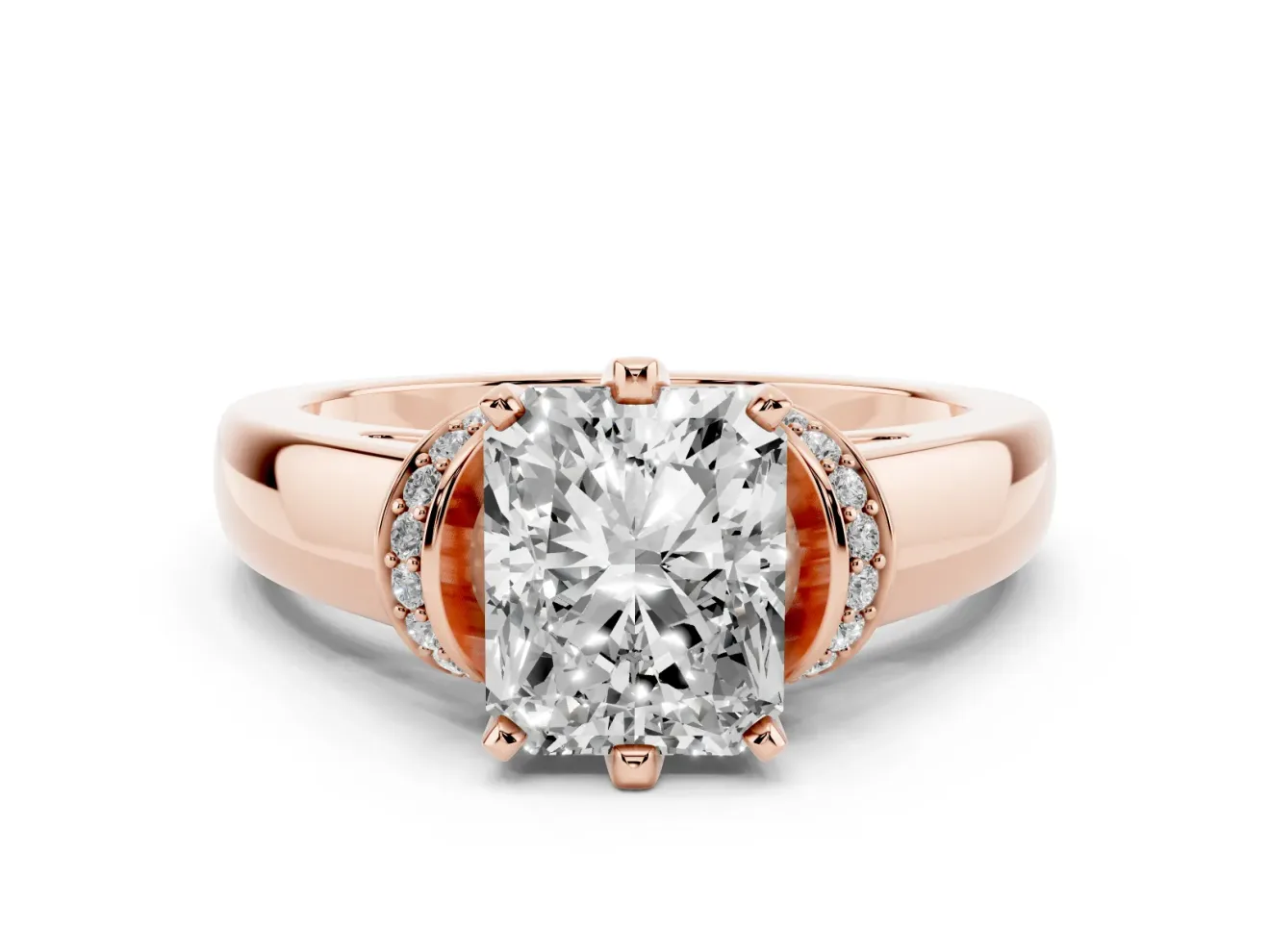 Radiant Cut Pavé Collar Solitaire Engagement Ring Setting | Wide Polished Band | Rose Gold