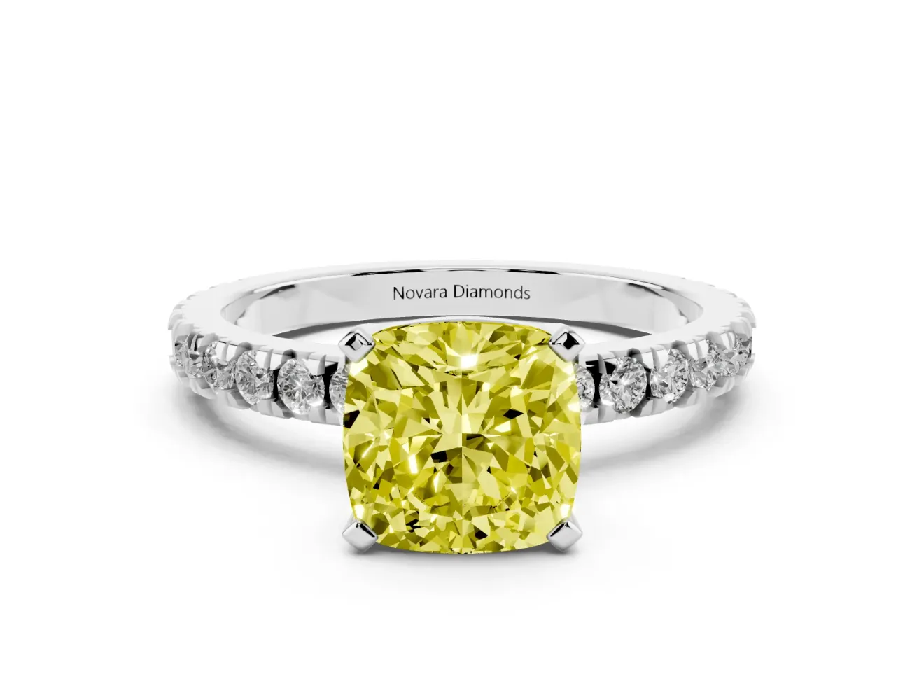 Fancy Yellow Cushion Cut Diamond Pavé Band Solitaire Set in White gold with Prong Setting