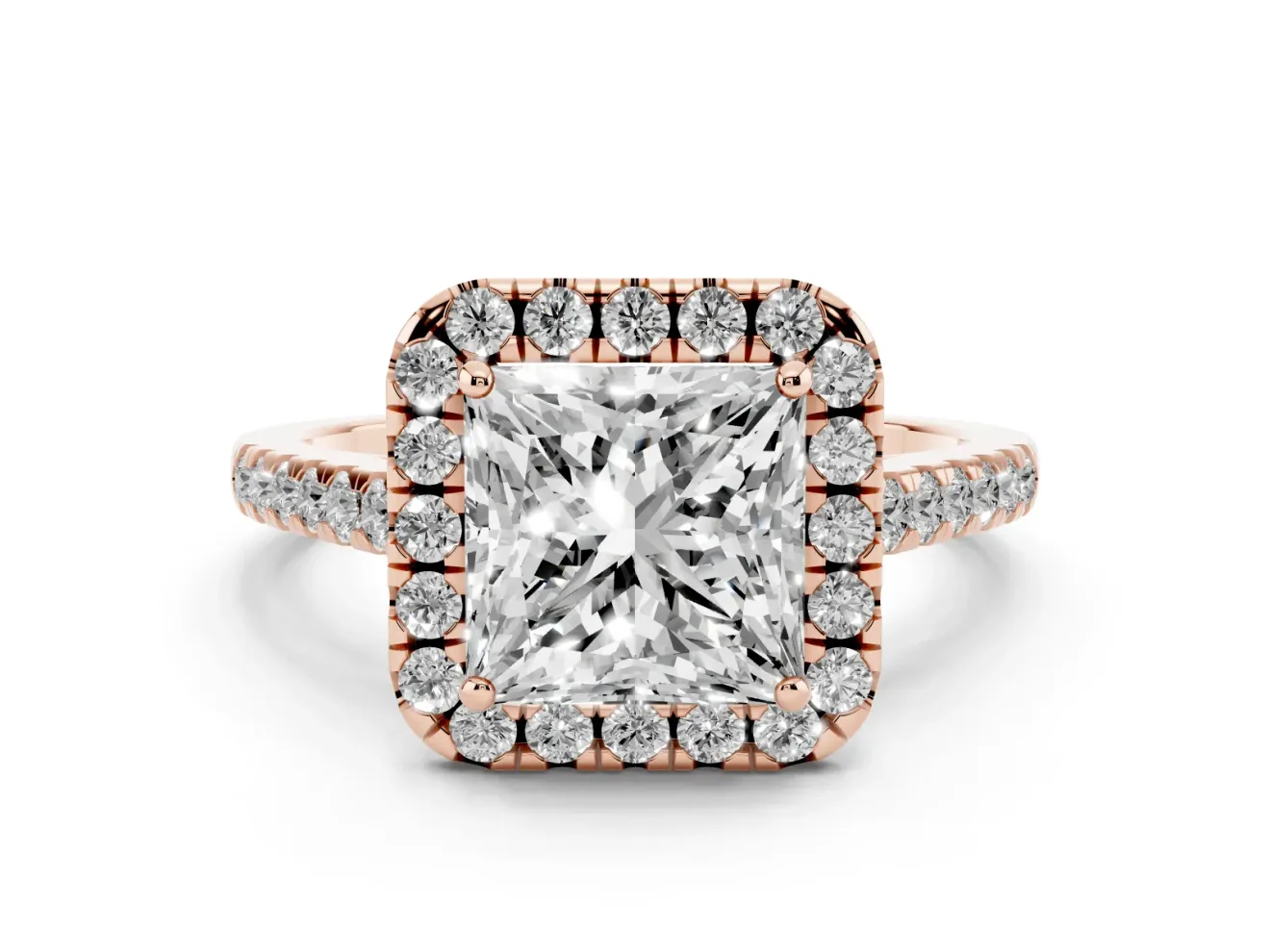 Princess Cut Halo Engagement Ring Setting | Pave Shoulders | Rose Gold