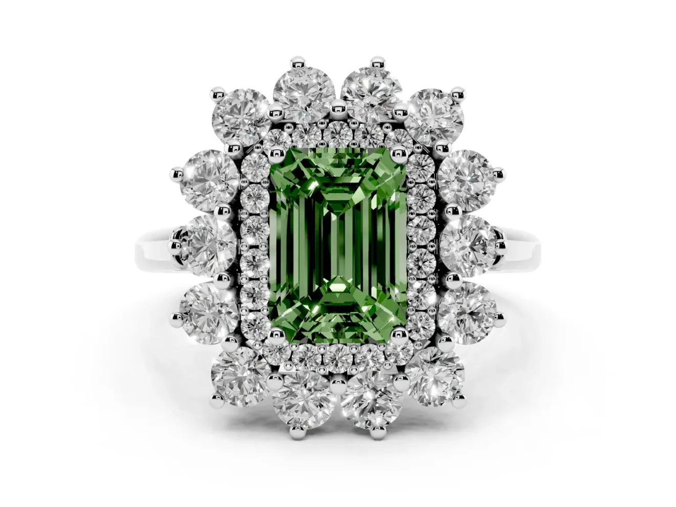 Emerald Cut Floral Double Halo Engagement Ring Setting for a Fancy Green Lab-Grown Diamond | Plain Band | Platinum