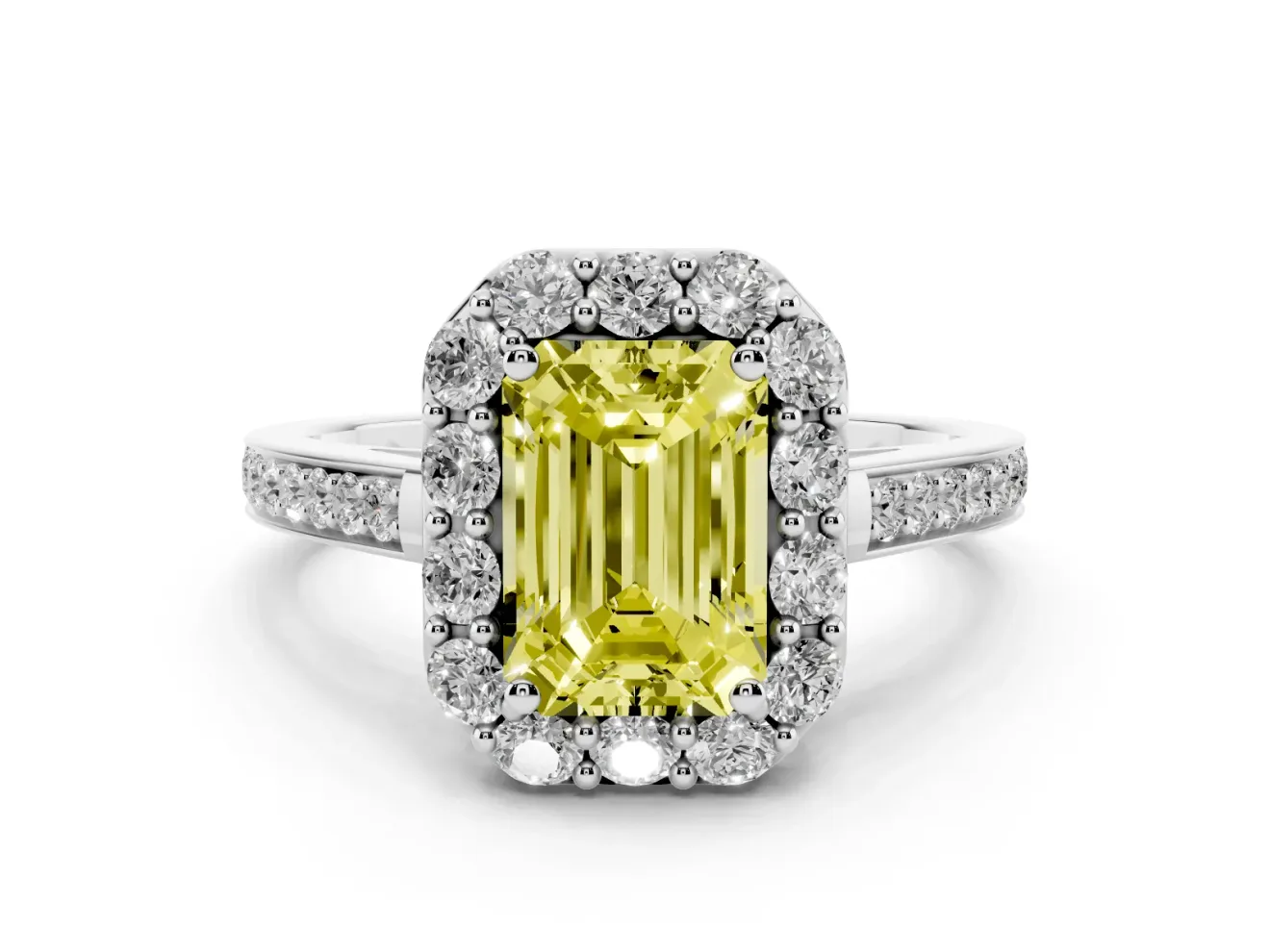 Fancy Yellow Emerald Cut Diamond Floral Halo Ring Set in Silver with Pavé Band and Prong Setting