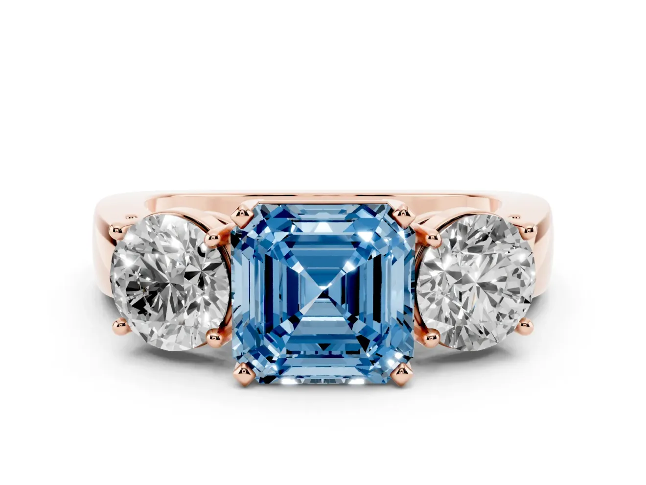 Asscher Cut Three Stone Engagement Ring Setting for a Fancy Blue Lab-Grown Diamond | Wide Plain Band | Rose Gold