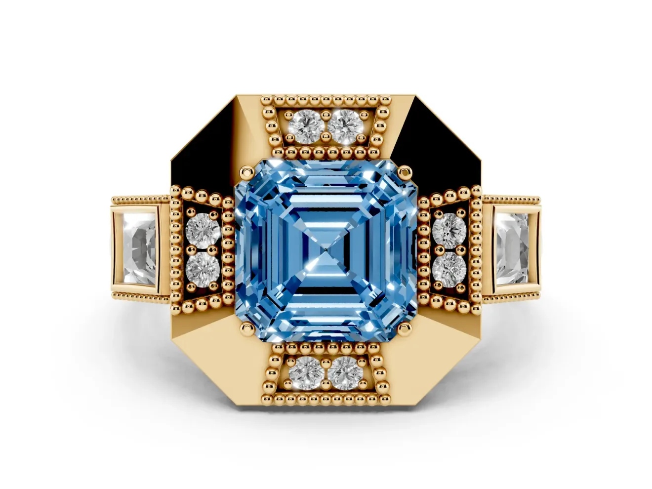 Fancy Blue Asscher Cut Diamond Milgrain Halo Ring Set in Yellow gold with Split Shank