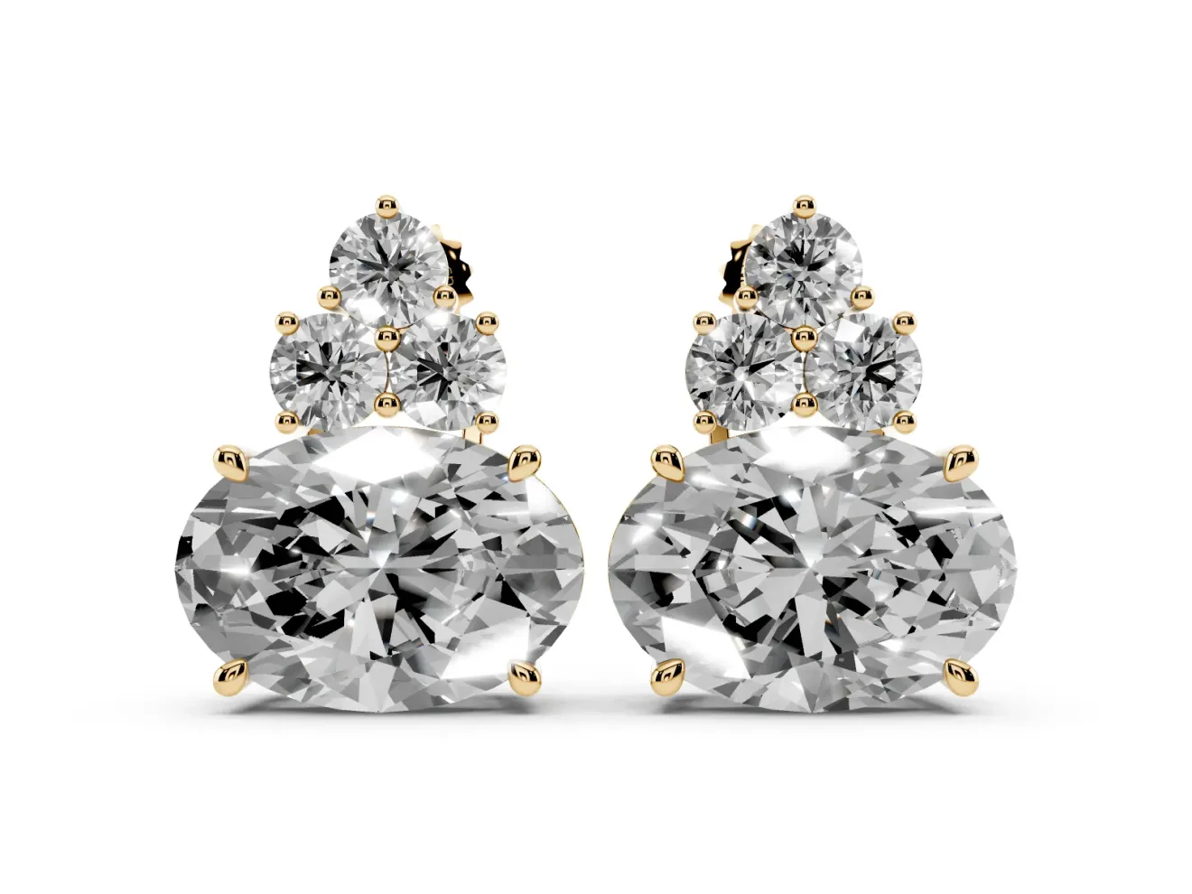 Oval Lab-Grown Diamond East-West Cluster Stud Earrings | Round Accent Trio | Yellow Gold