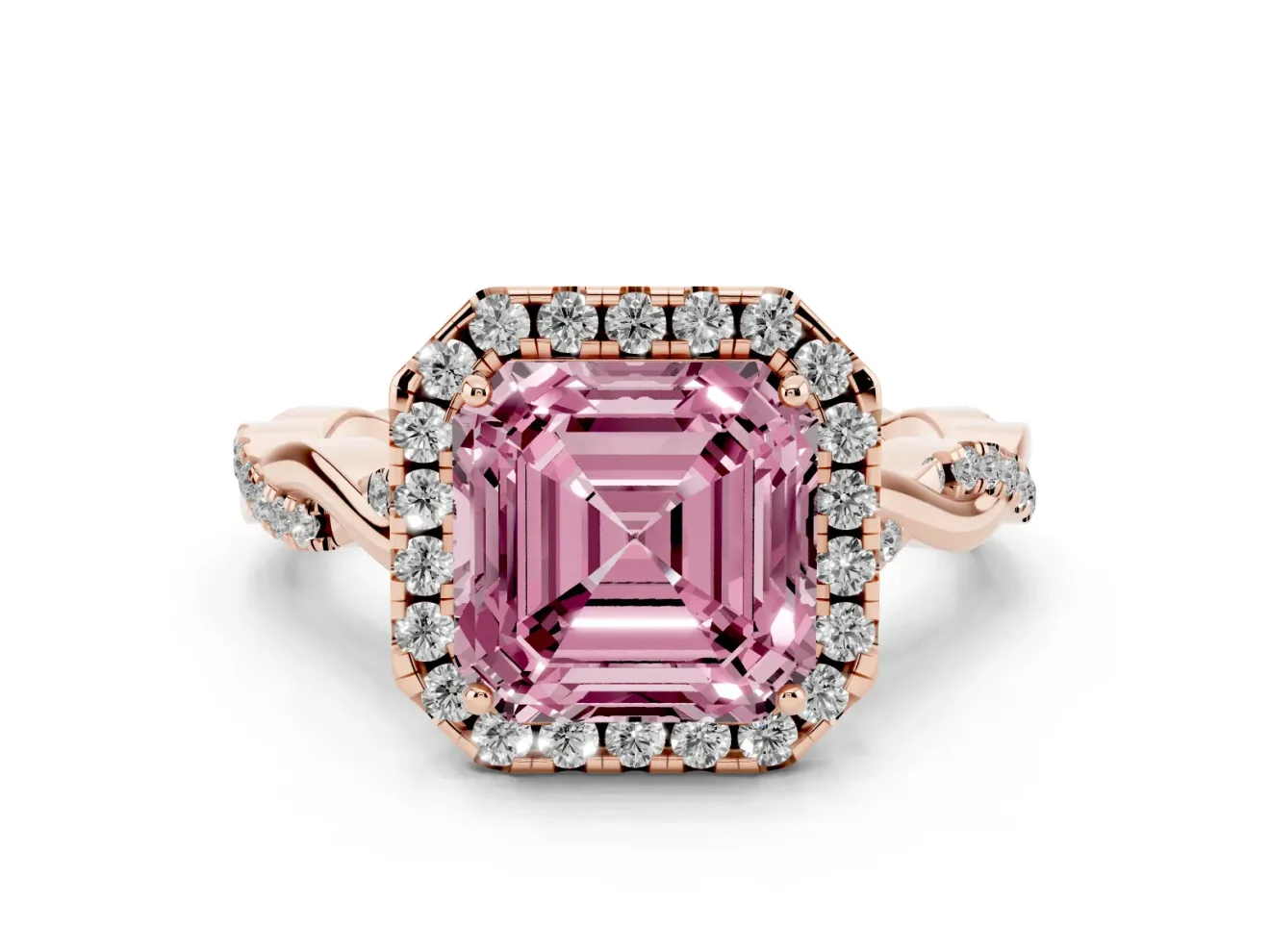 Asscher Cut Twist Halo Engagement Ring Setting for a Fancy Pink Lab-Grown Diamond | Rose Gold
