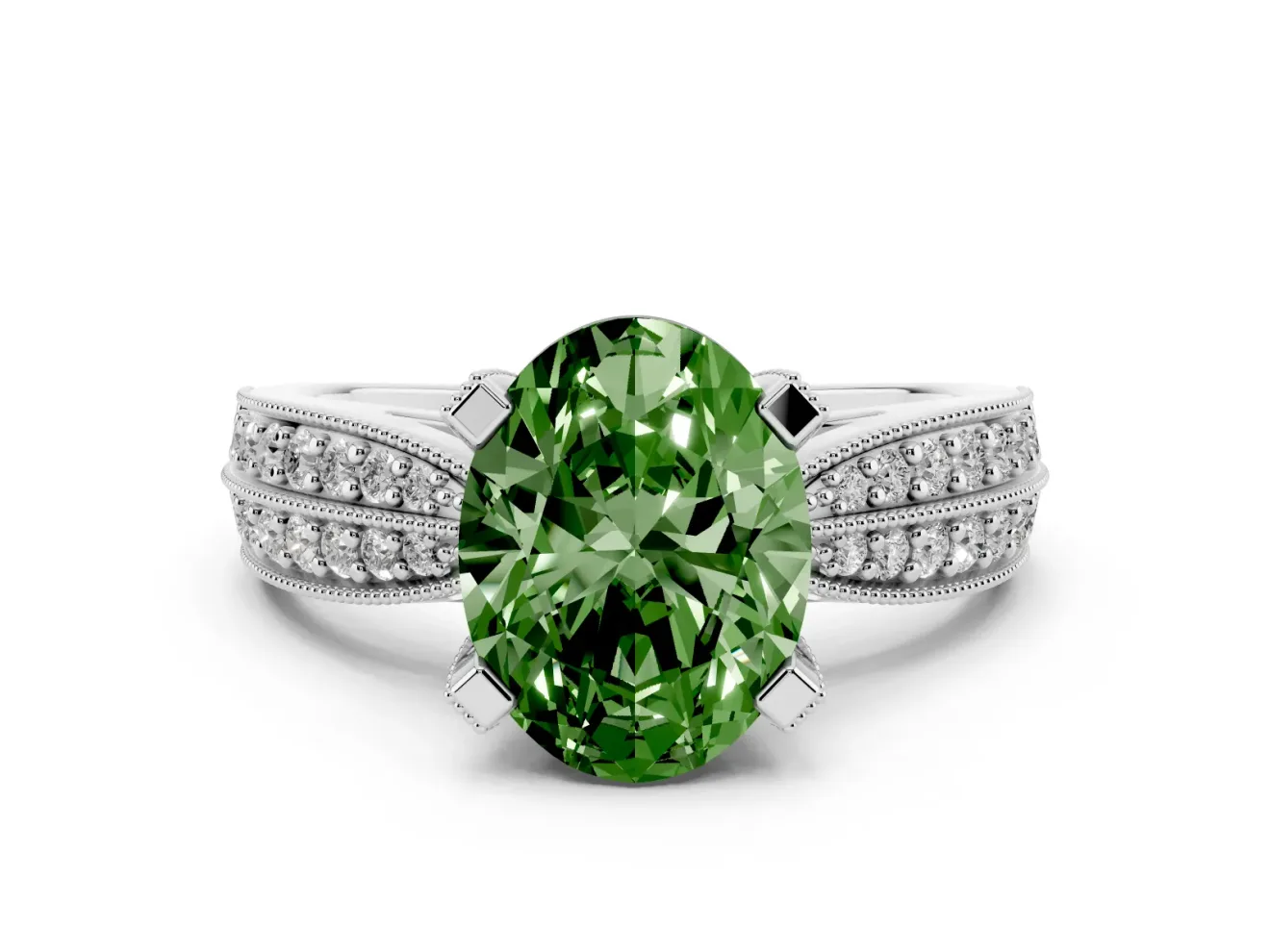Oval Milgrain Solitaire Engagement Ring Setting for a Fancy Green Lab-Grown Diamond | Platinum