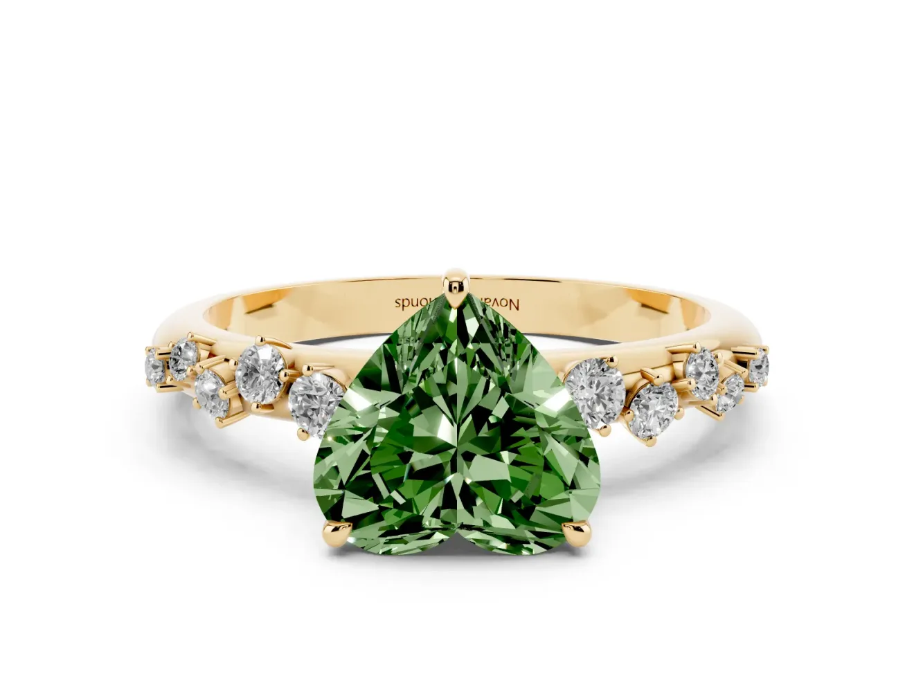 Fancy Green Heart Cut Diamond Cluster Solitaire Ring Set in Yellow gold with Prong Setting