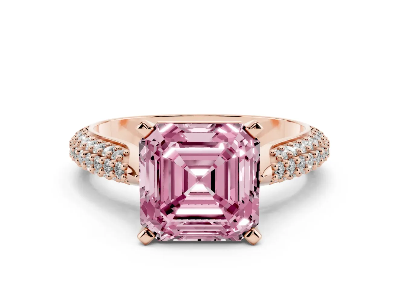 Asscher Cut Pavé Solitaire Engagement Ring Setting for a Fancy Pink Lab-Grown Diamond | Multi-Row Shoulders | Rose Gold