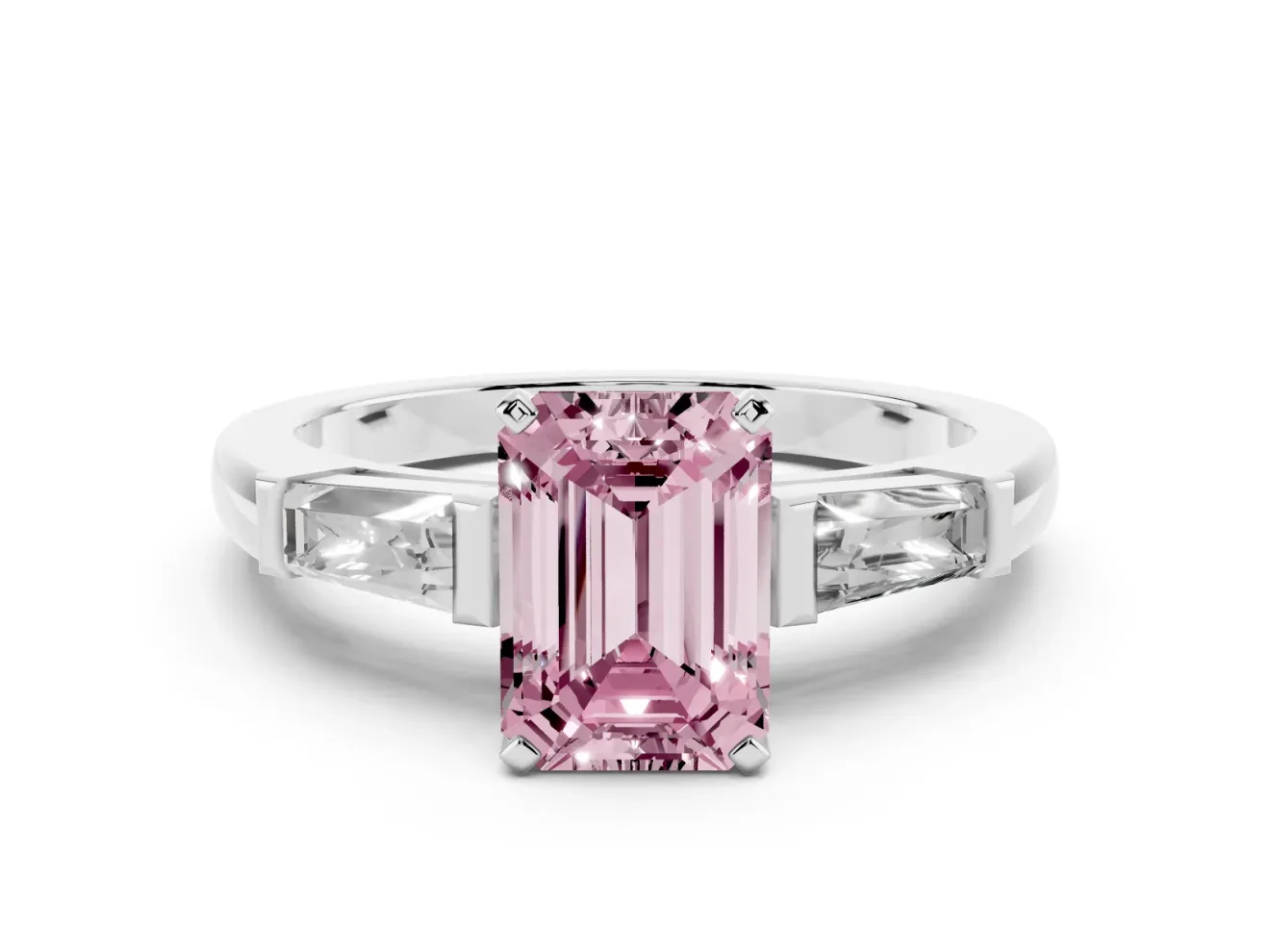Fancy Pink Emerald Cut Diamond Solitaire Ring Set in White gold with Tapered Baguette Side Stones and Prong Setting