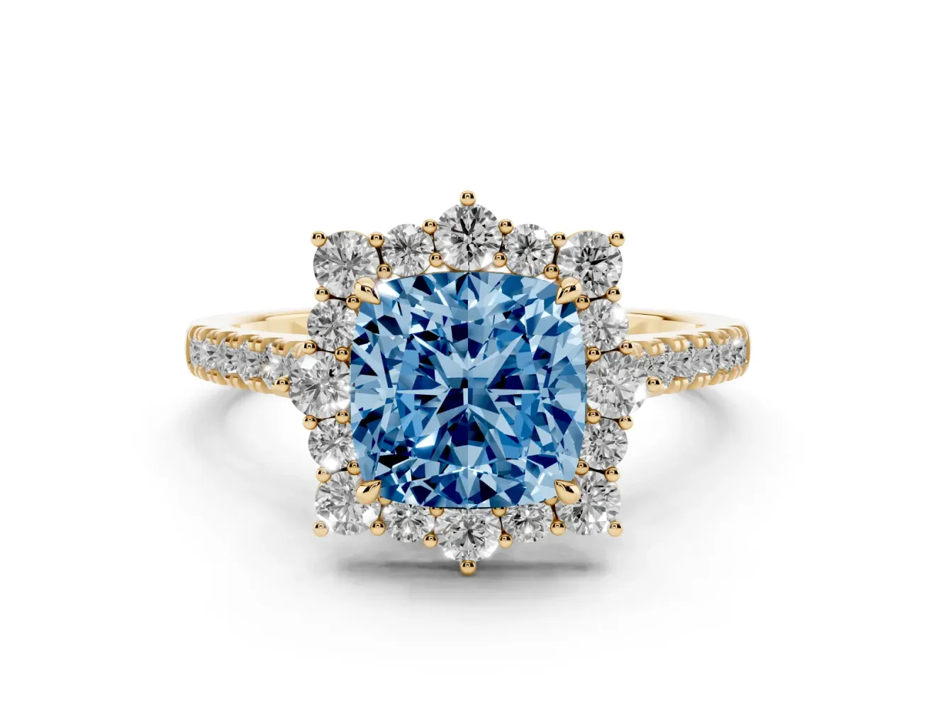 Cushion Cut Scalloped Halo Engagement Ring Setting for a Fancy Blue Lab-Grown Diamond | Single Row Pave | Yellow Gold