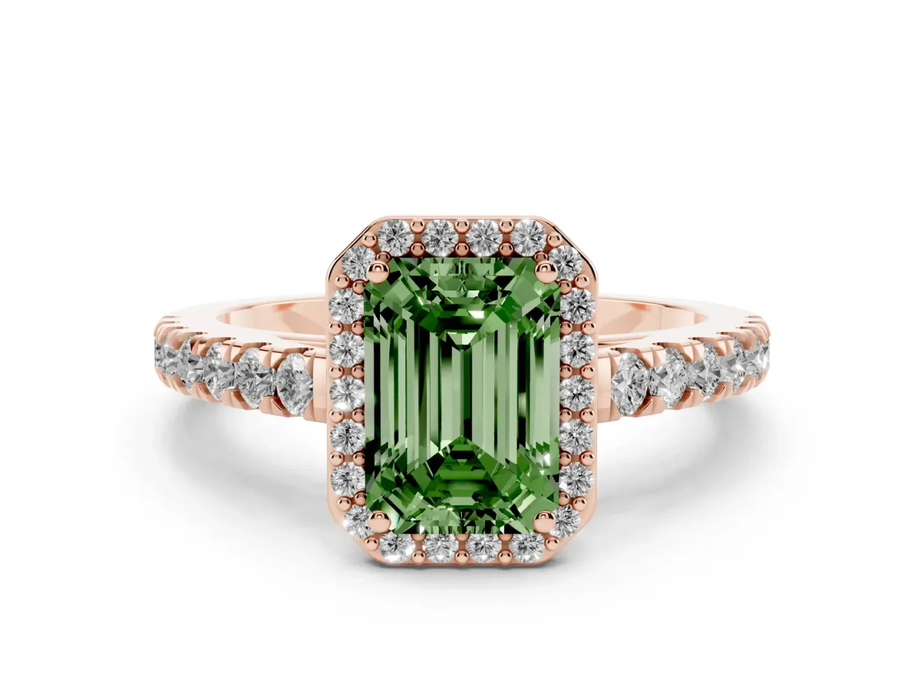 Fancy Green Emerald Cut Diamond Halo Engagement Ring Set in Rose gold with Pavé Band and Prong Setting