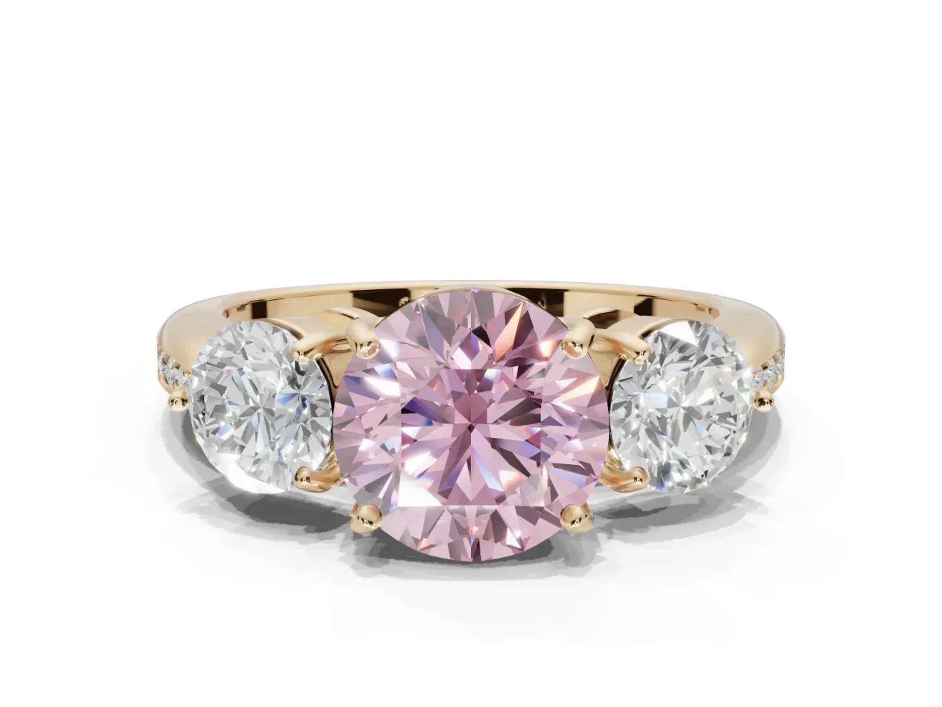 Round Three Stone Engagement Ring Setting for a Fancy Pink Lab-Grown Diamond | Tapered Pave Band | Yellow Gold