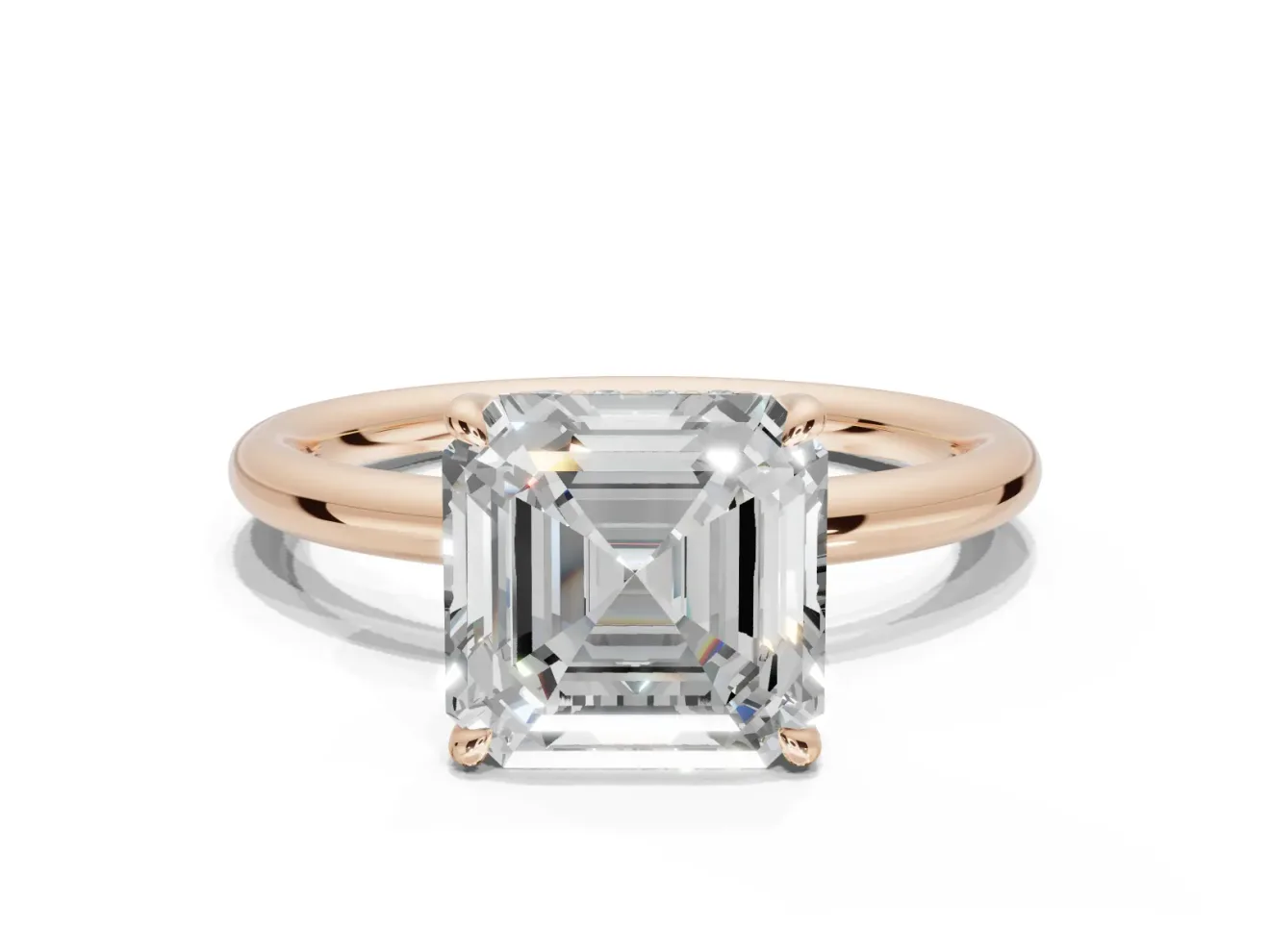 Asscher Cut Hidden Halo Engagement Ring Setting | Thin Plain Band | Rose Gold