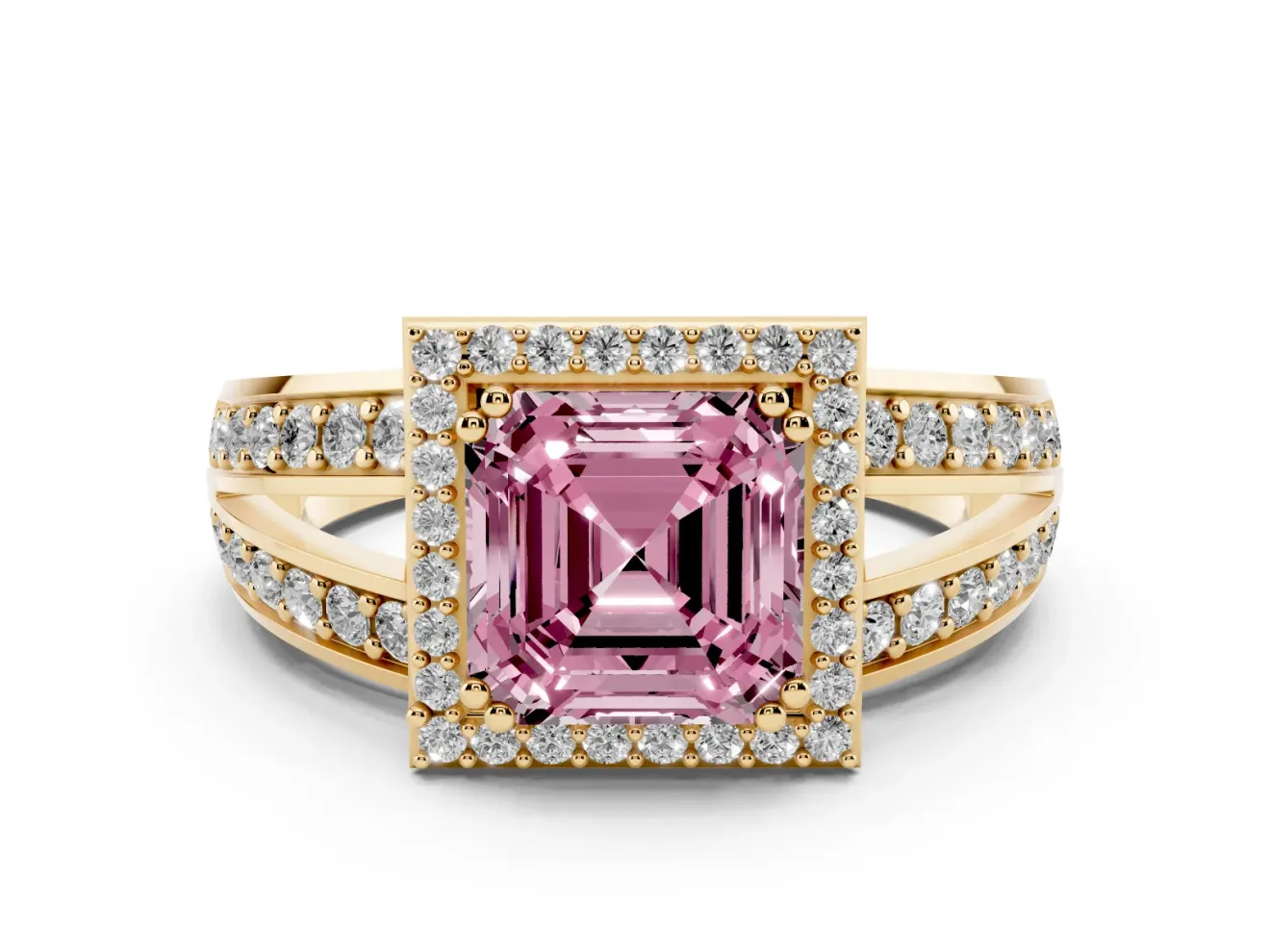 Asscher Cut Halo Engagement Ring Setting for a Fancy Pink Lab-Grown Diamond | Two-Row Pave Split Shank | Yellow Gold