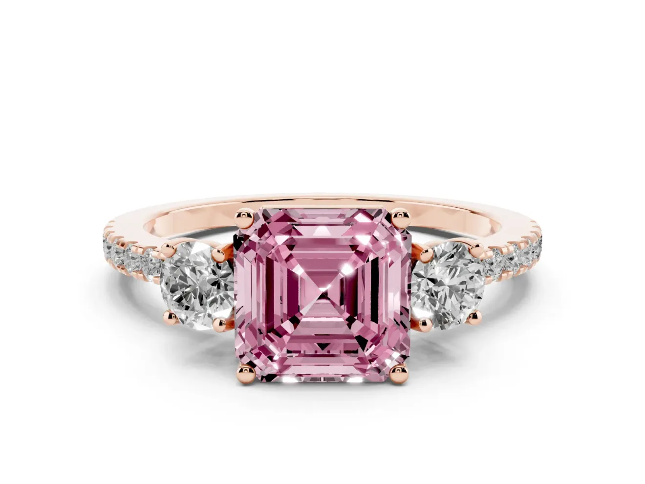 Asscher Cut Three Stone Engagement Ring Setting for a Fancy Pink Lab-Grown Diamond | Pave Shoulders | Rose Gold