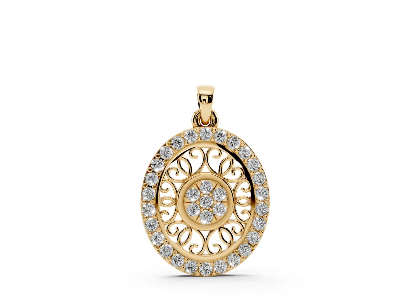 Round Lab-Grown Diamond Oval Filigree Cluster Pendant Necklace | Pavé Edge | Yellow Gold