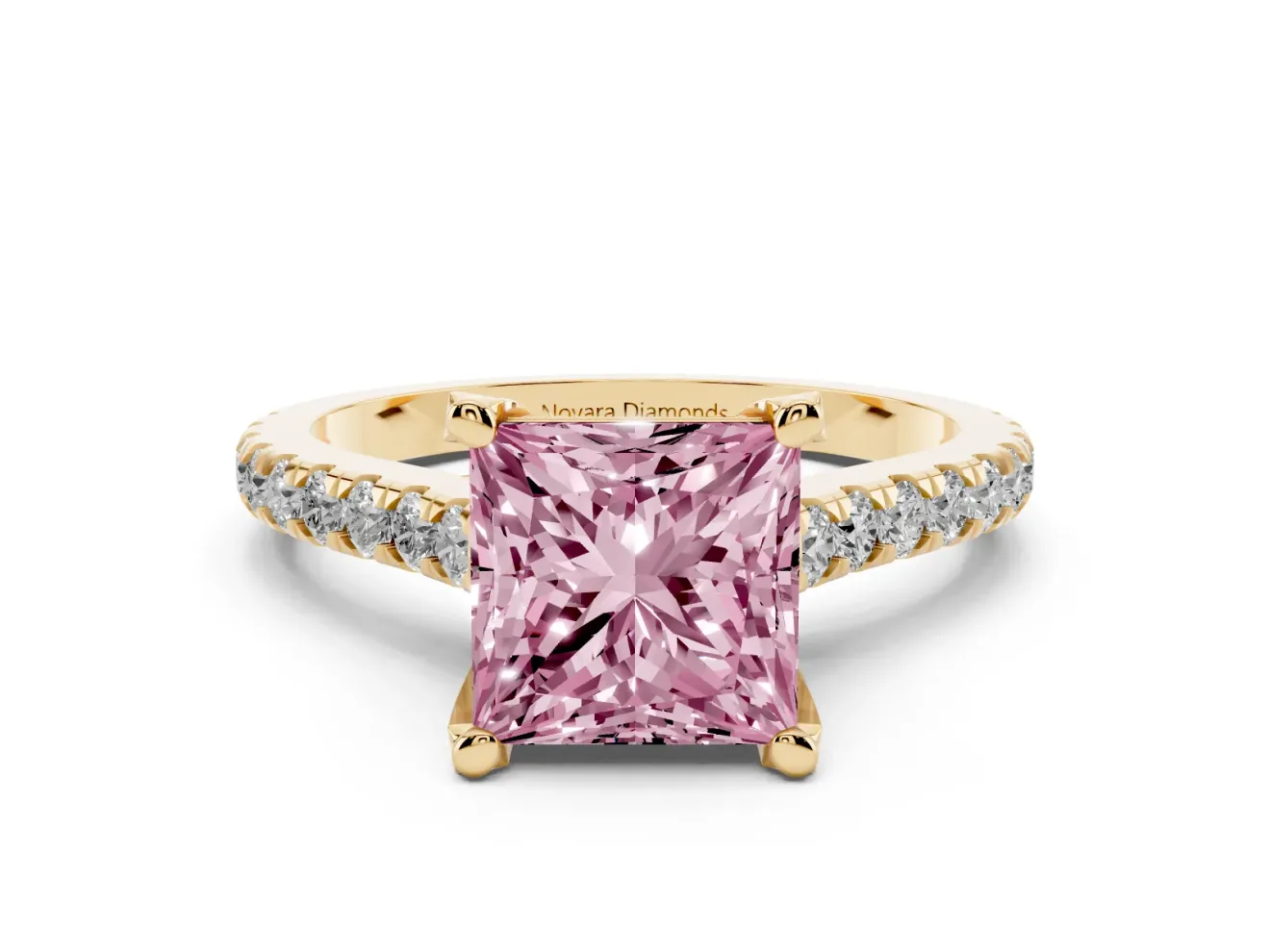 Princess Cut Hidden Halo Pave Engagement Ring Setting for a Fancy Pink Lab-Grown Diamond | Claw Prongs | Yellow Gold