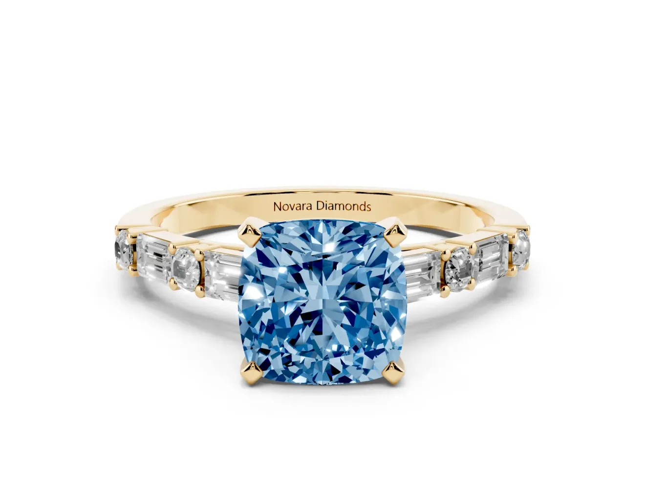 Cushion Cut Baguette Side Stone Engagement Ring Setting for a Fancy Blue Lab-Grown Diamond | Yellow Gold