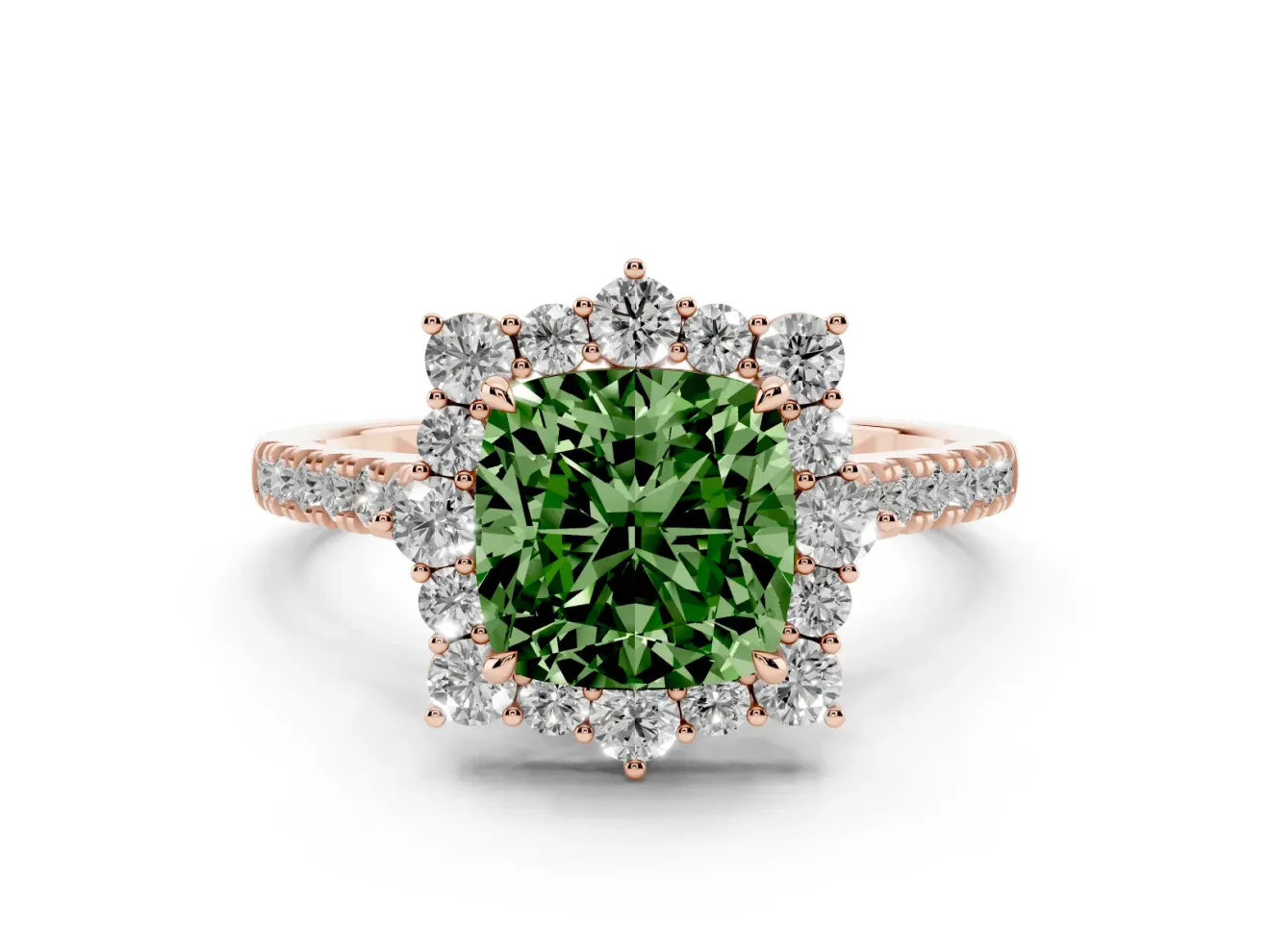 Cushion Cut Scalloped Halo Engagement Ring Setting for a Fancy Green Lab-Grown Diamond | Single Row Pave | Rose Gold