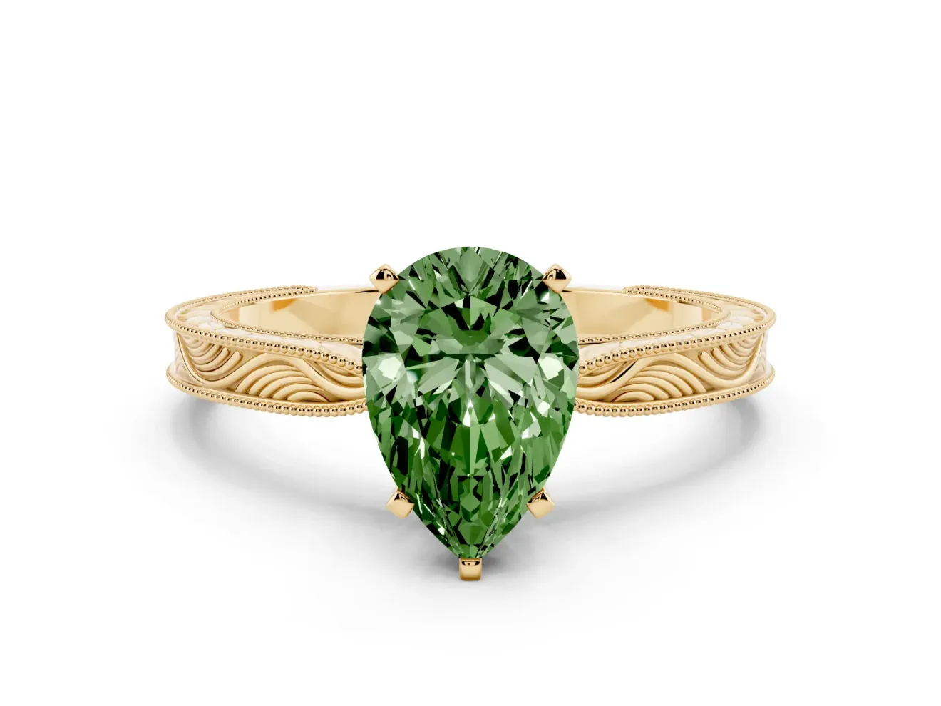 Pear-Shaped Engraved Engagement Ring Setting for a Fancy Green Lab-Grown Diamond | Yellow Gold